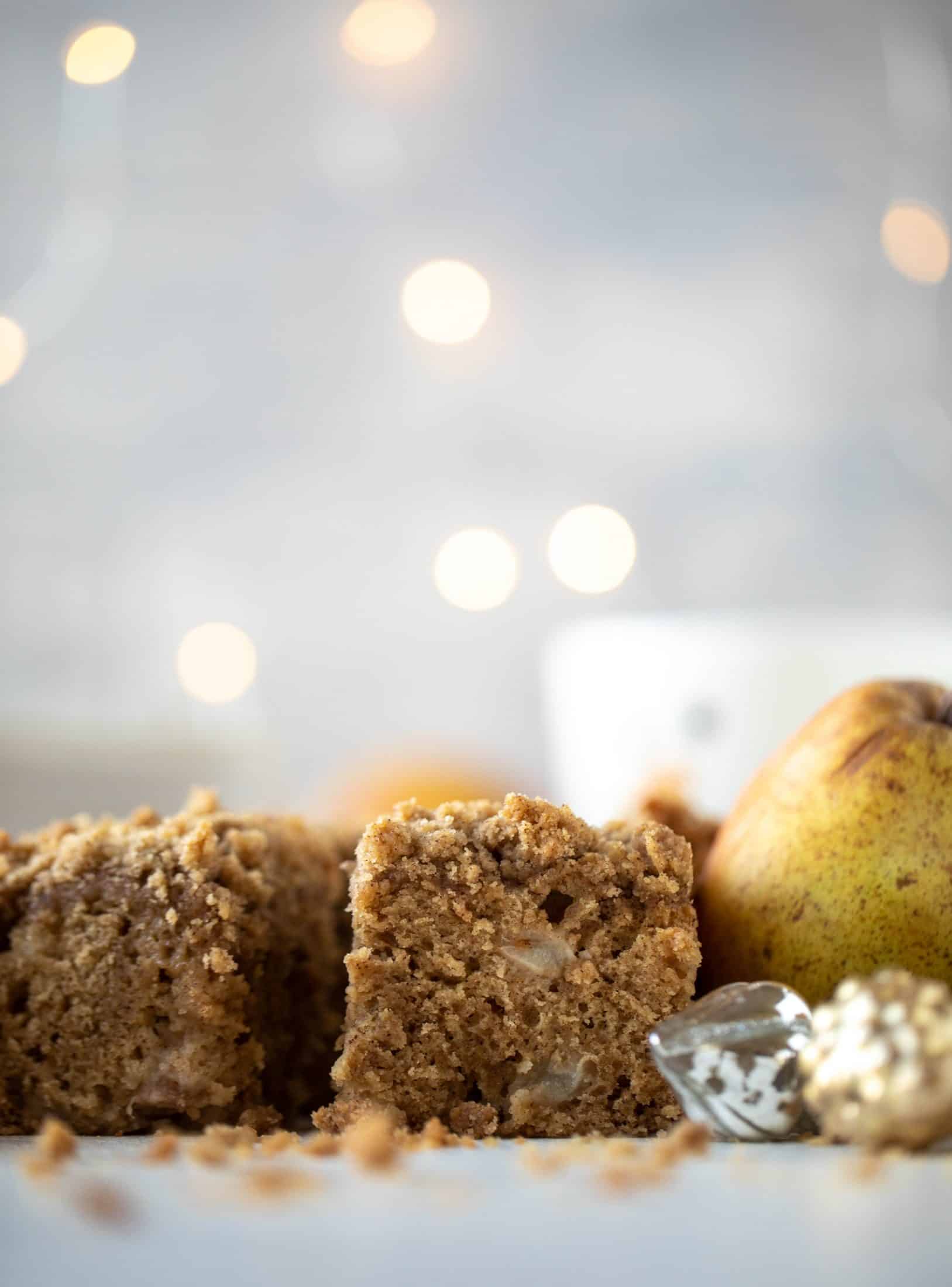 A pear coffee cake made with brown butter and greek yogurt. It's delicious for breakfast or brunch and the crumb topping is unbelievable.