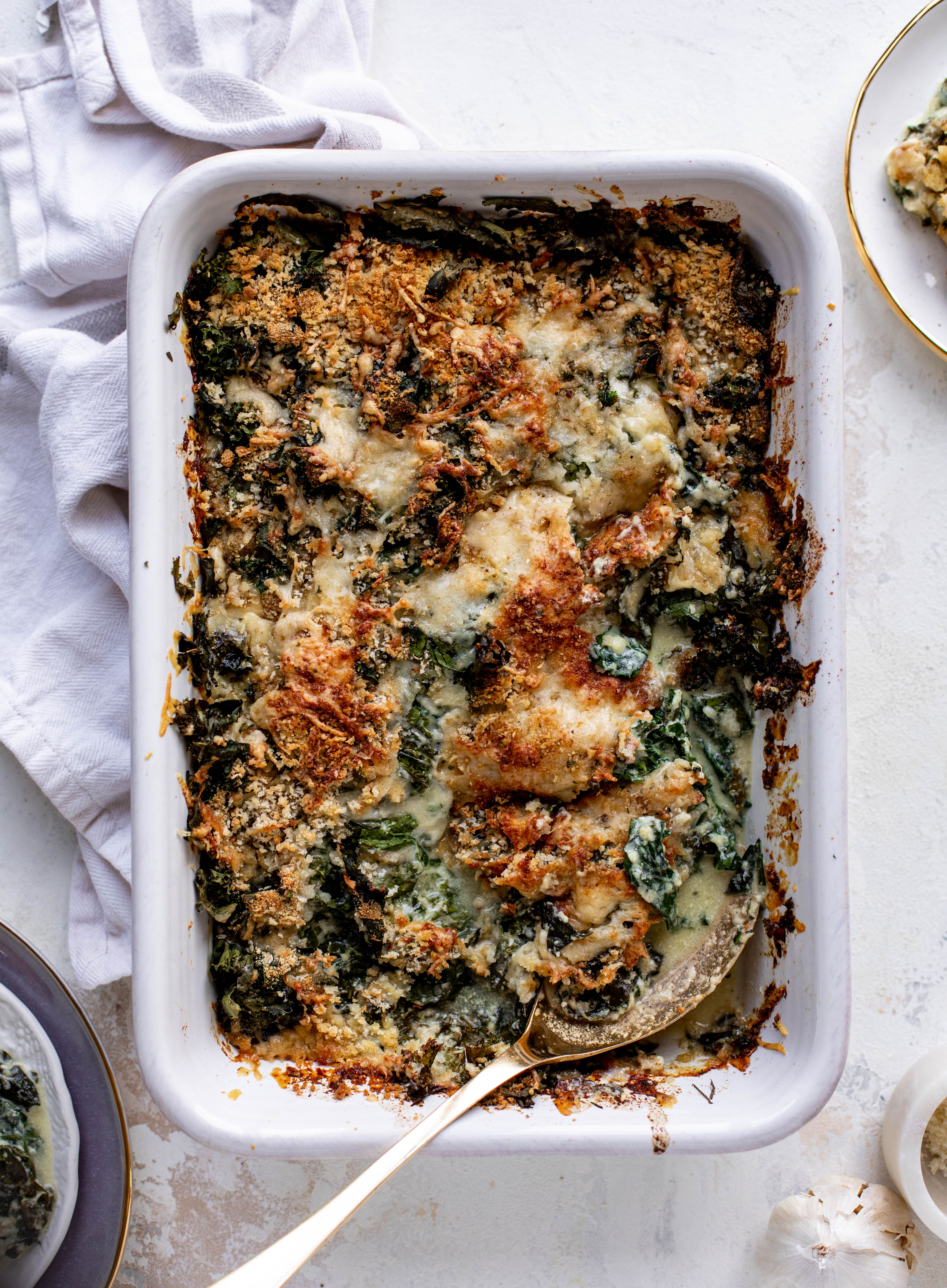 This double kale gratin has two kinds of kale, three kinds of cheese, cream and crunchy breadcrumbs. It will be your new favorite side dish!