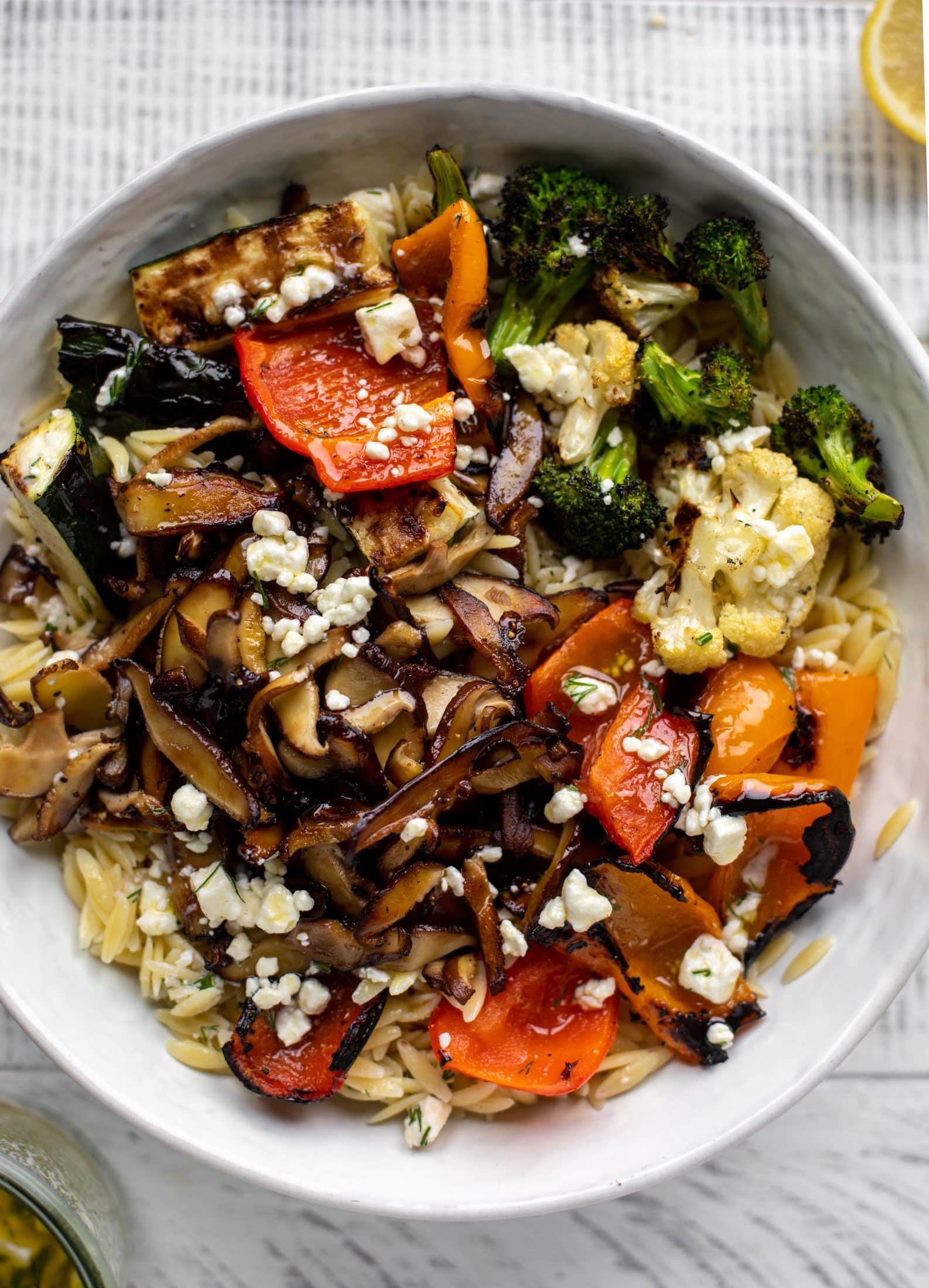 grilled vegetable orzo with smashed feta vinaigrette