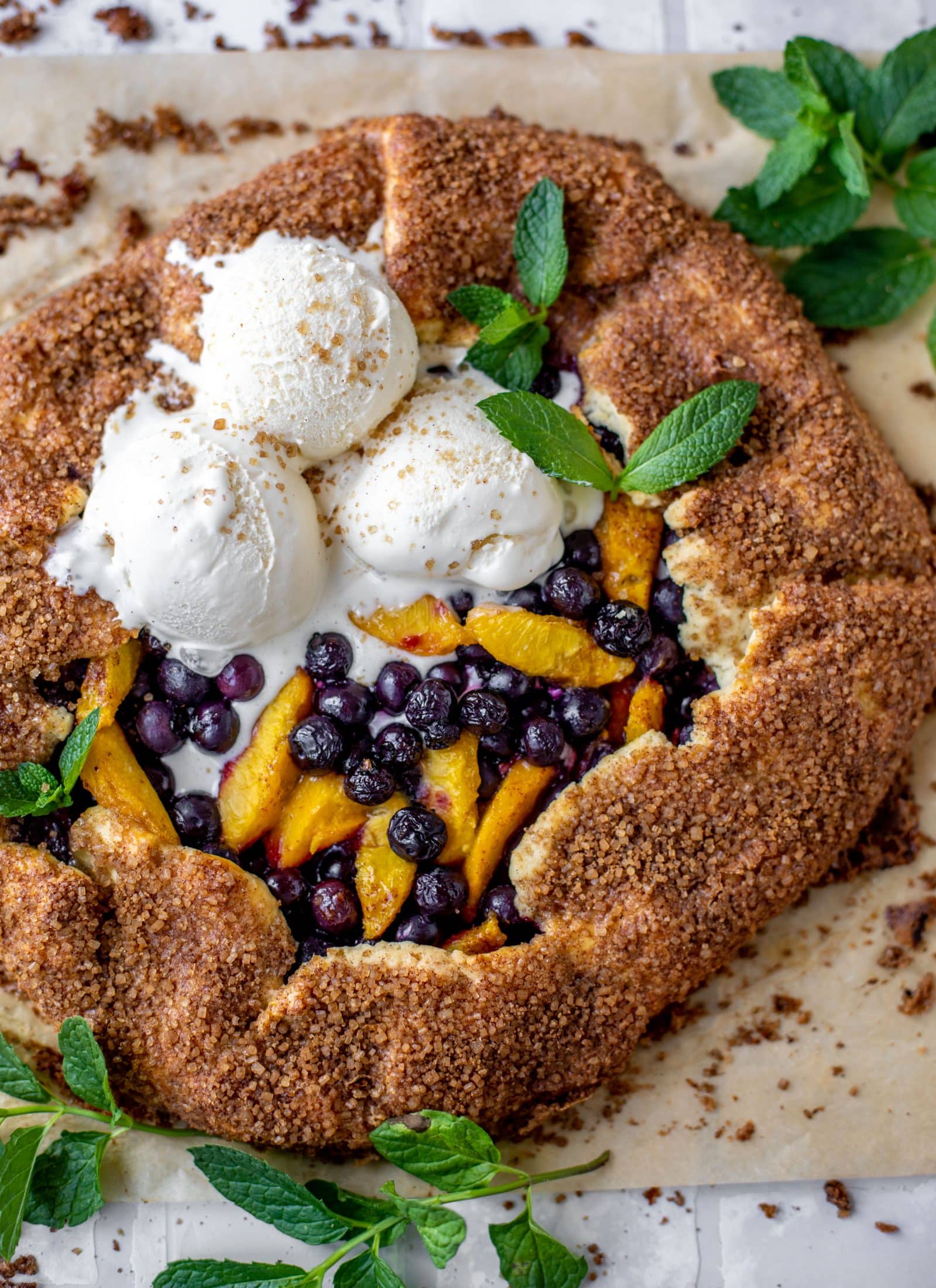 blueberry peach galette with cinnamon sugar galette