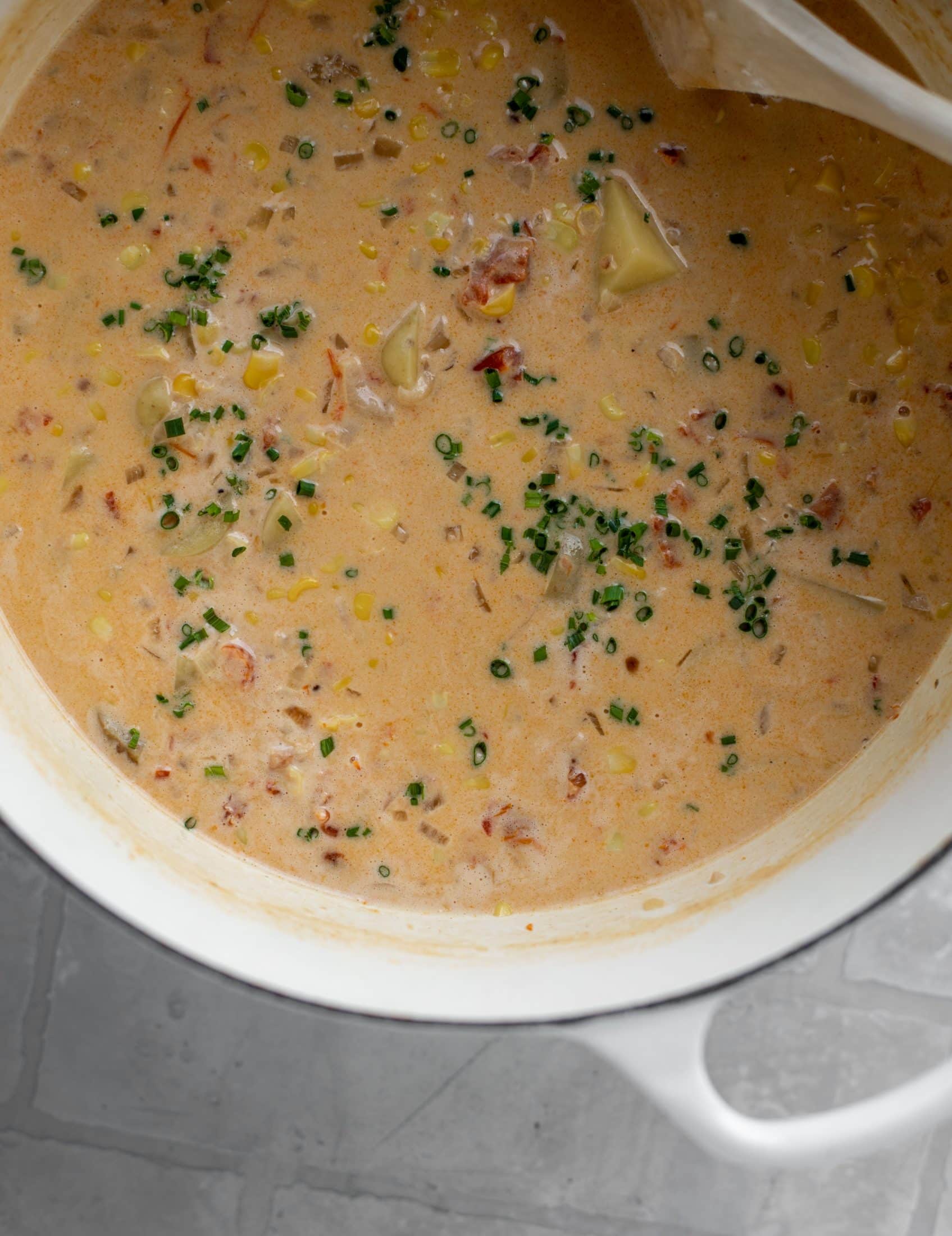 creamy corn chowder in a pot