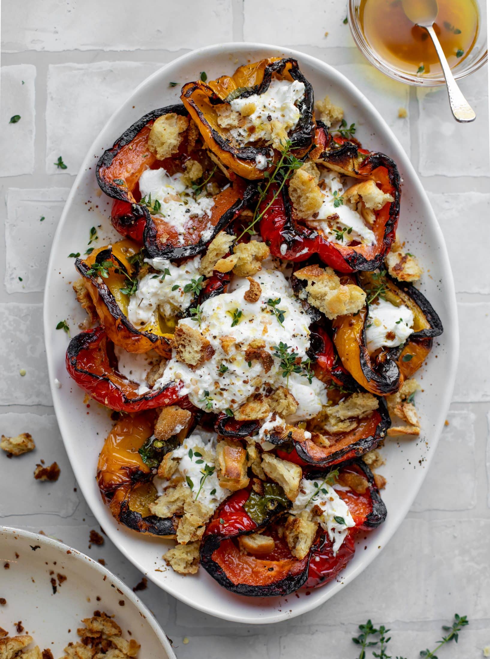 grilled peppers with burrata and sourdough breadcrumbs