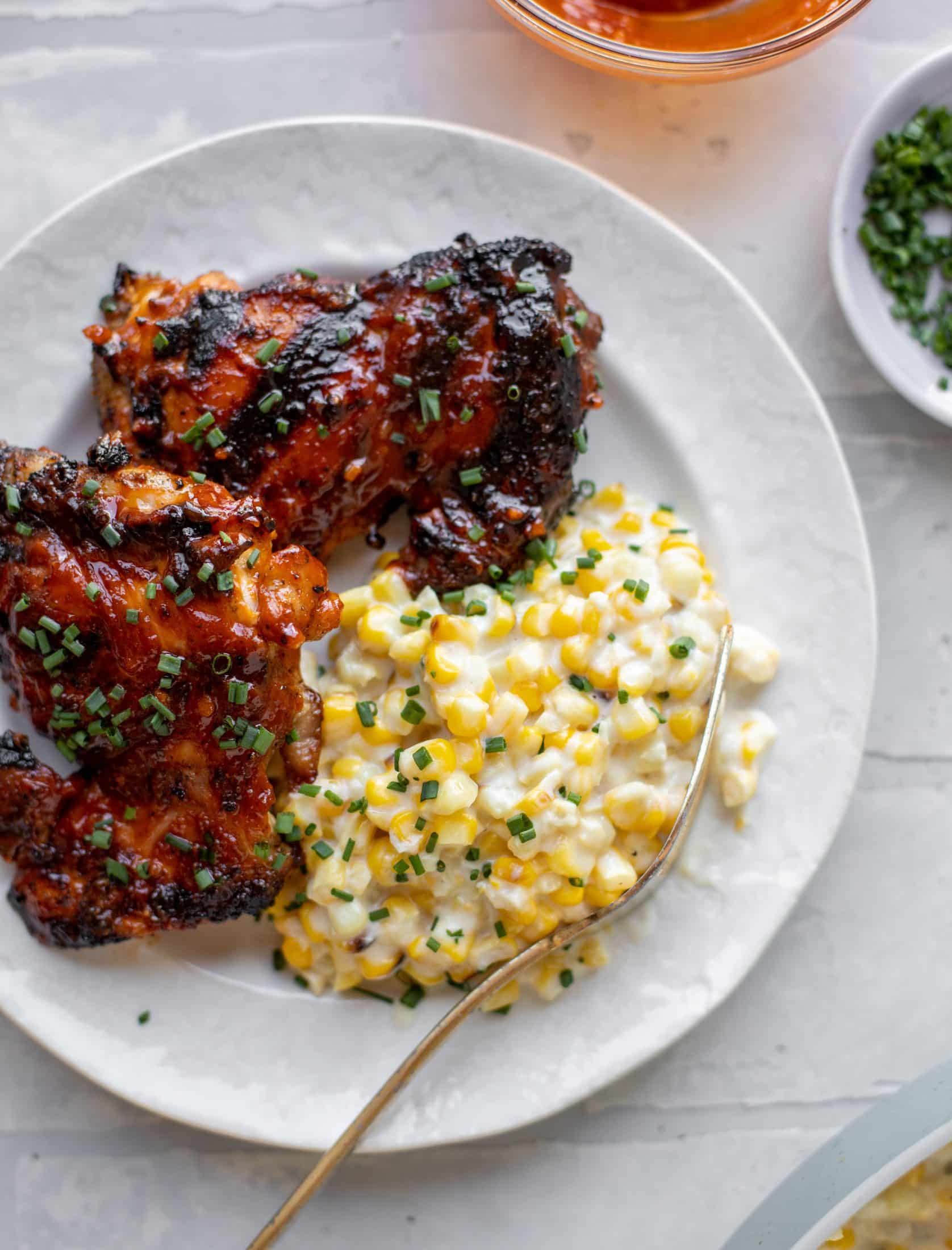 chipotle bbq beer chicken with creamed corn