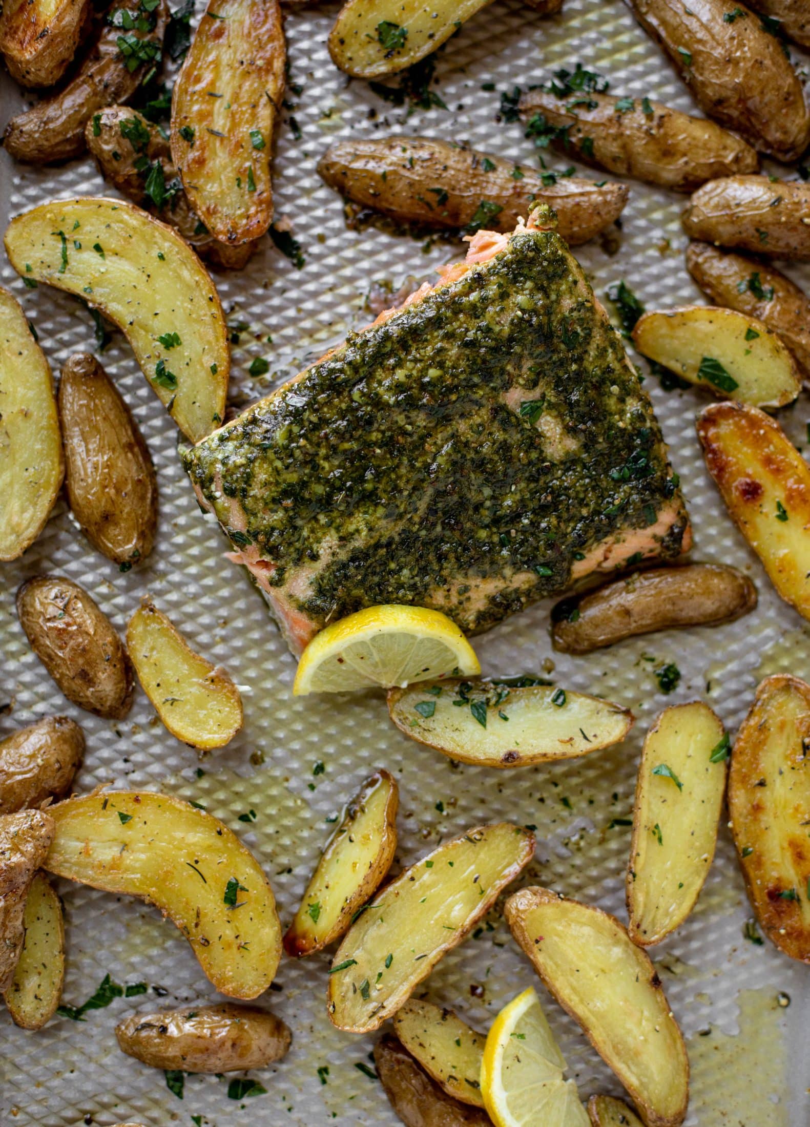 sheet pan pesto salmon with lemon thyme potatoes