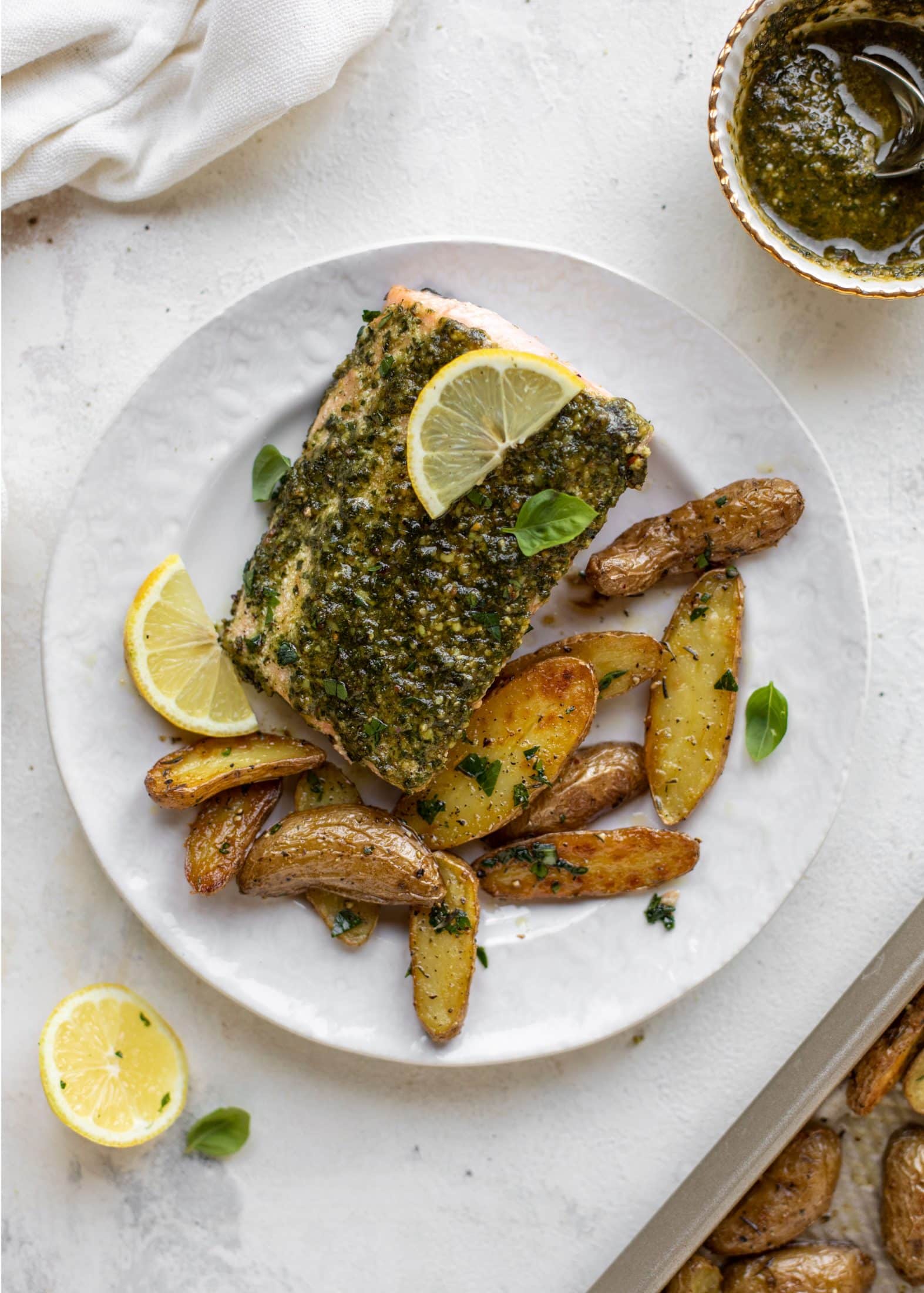 sheet pan pesto salmon with lemon thyme potatoes