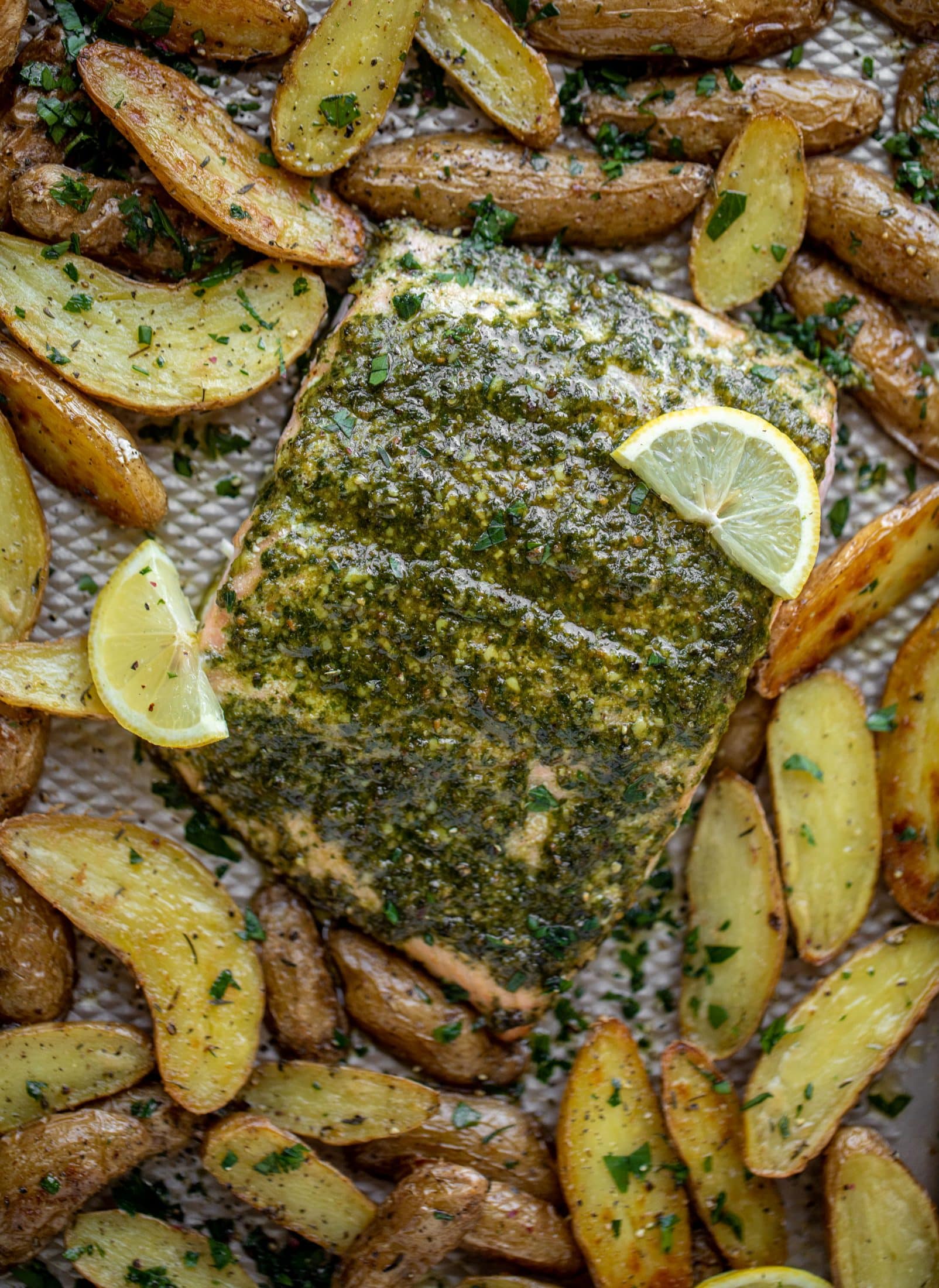 sheet pan pesto salmon with lemon thyme potatoes