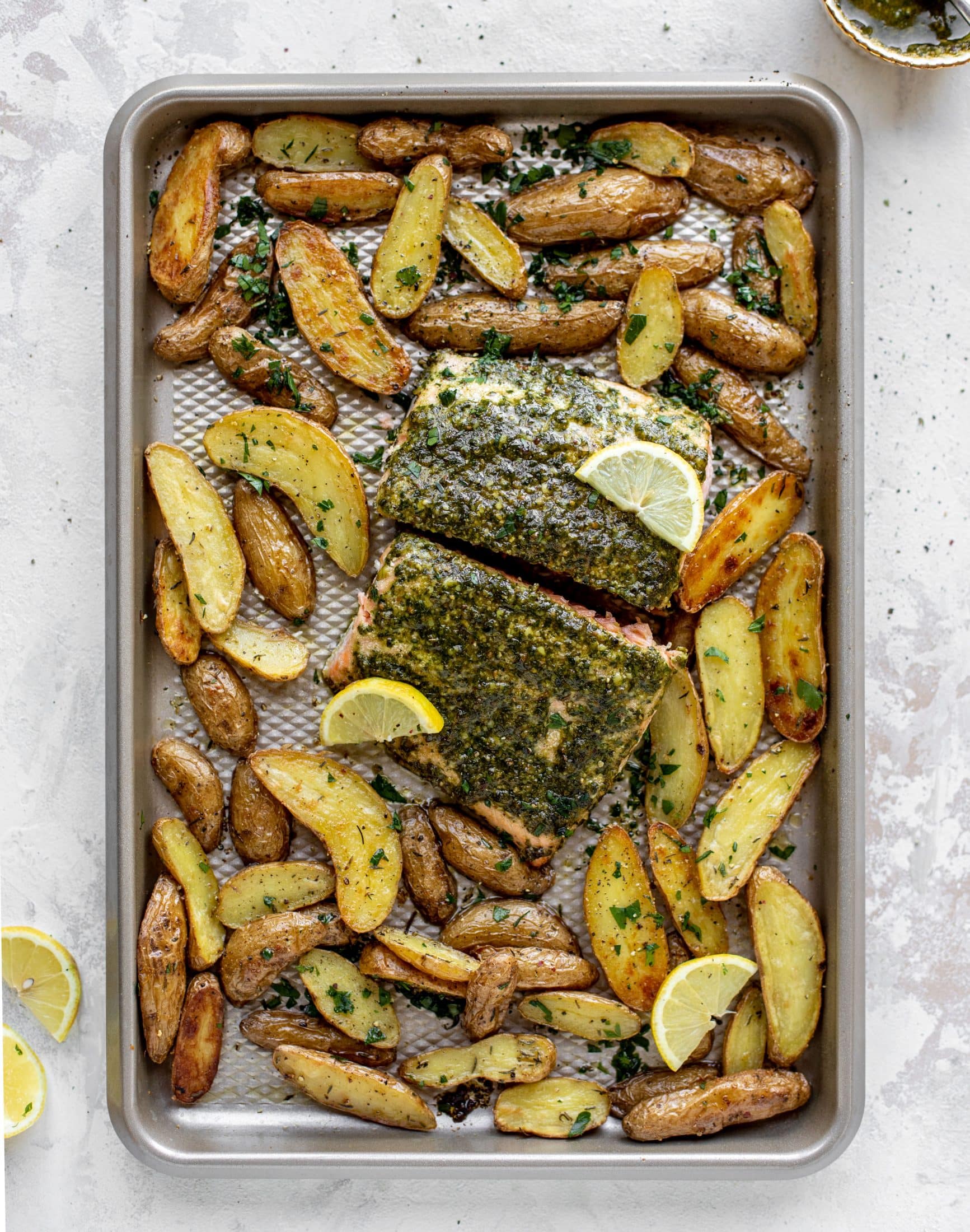 sheet pan pesto salmon with lemon thyme potatoes
