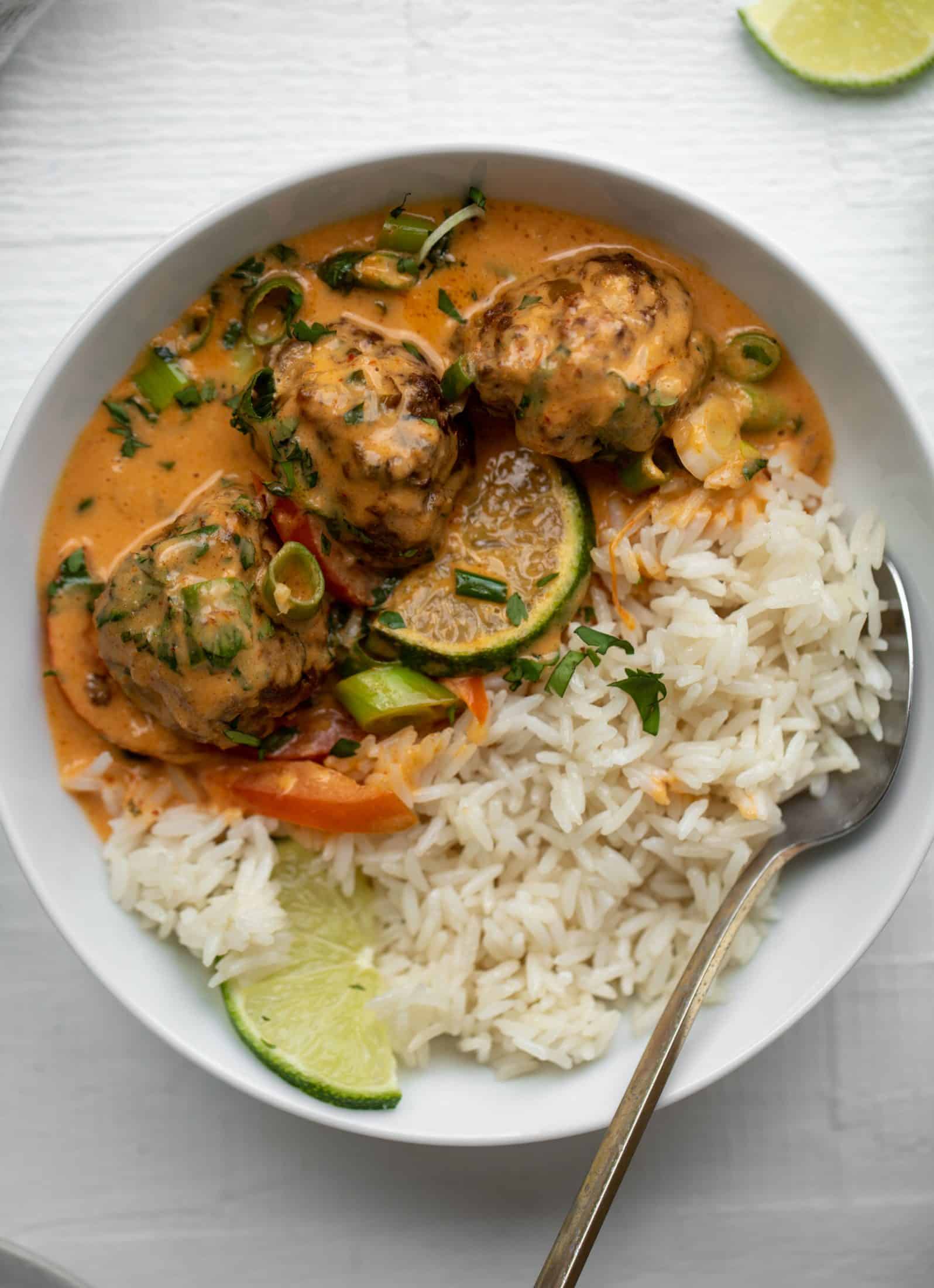 coconut curry pork meatballs with jasmine rice