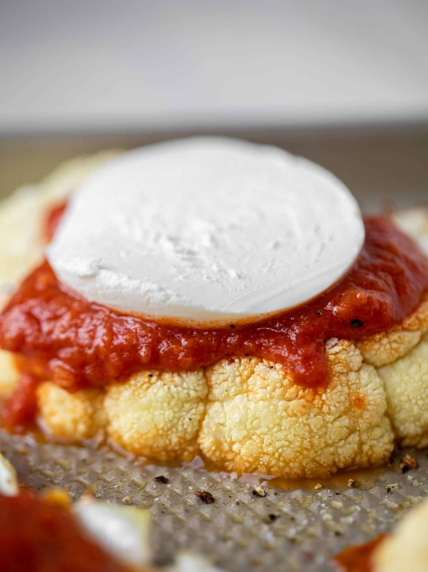 fresh mozzarella, sauce on cauliflower