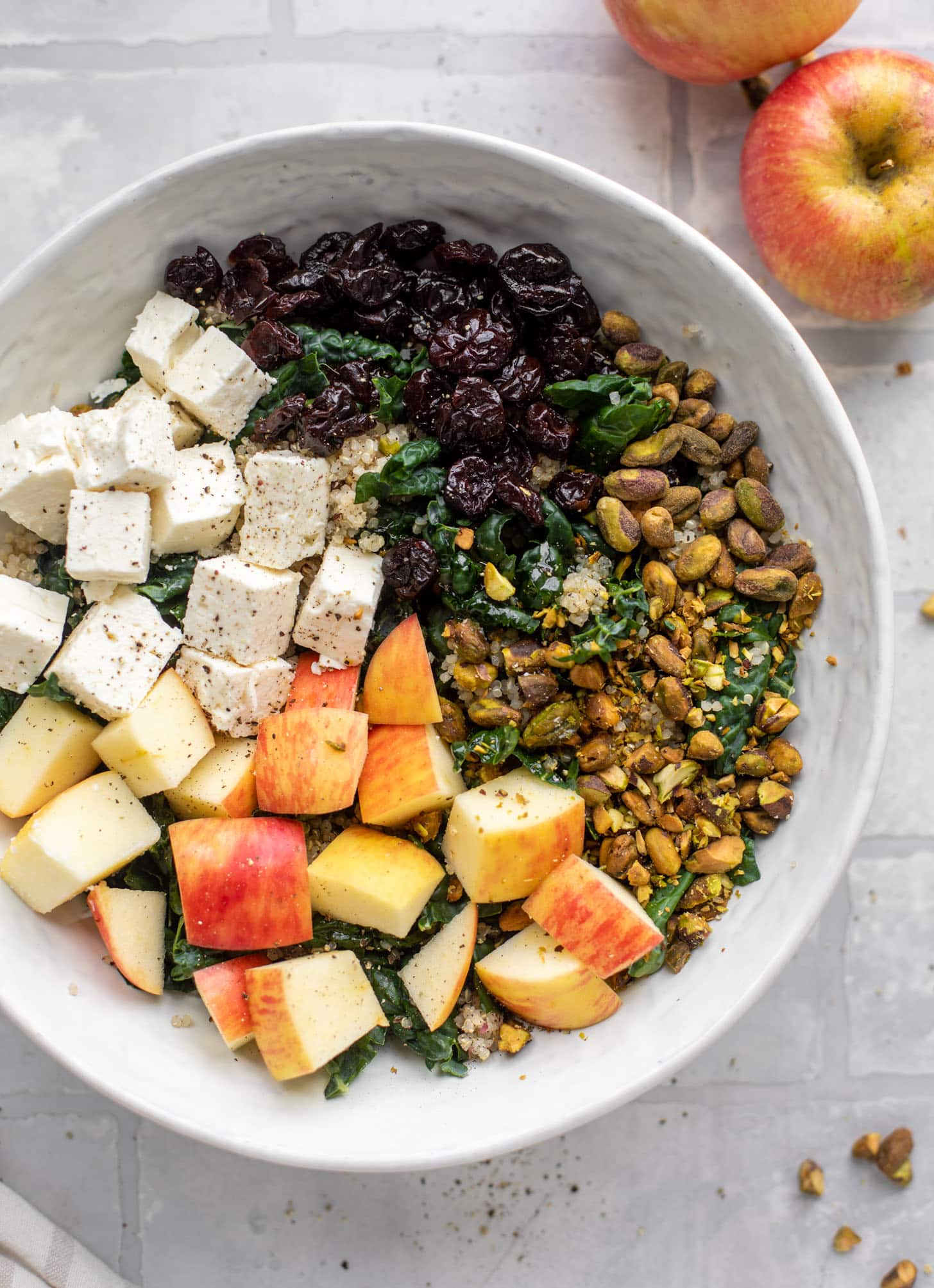 honeycrisp quinoa salad with kale and pistachios