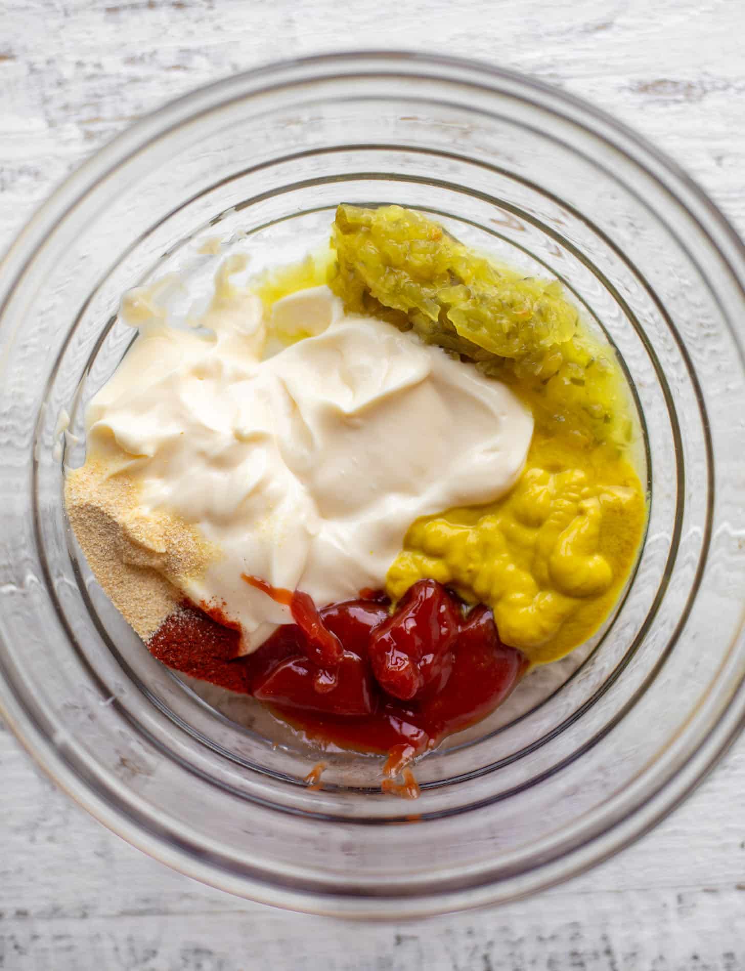 mayo, ketchup, mustard, relish