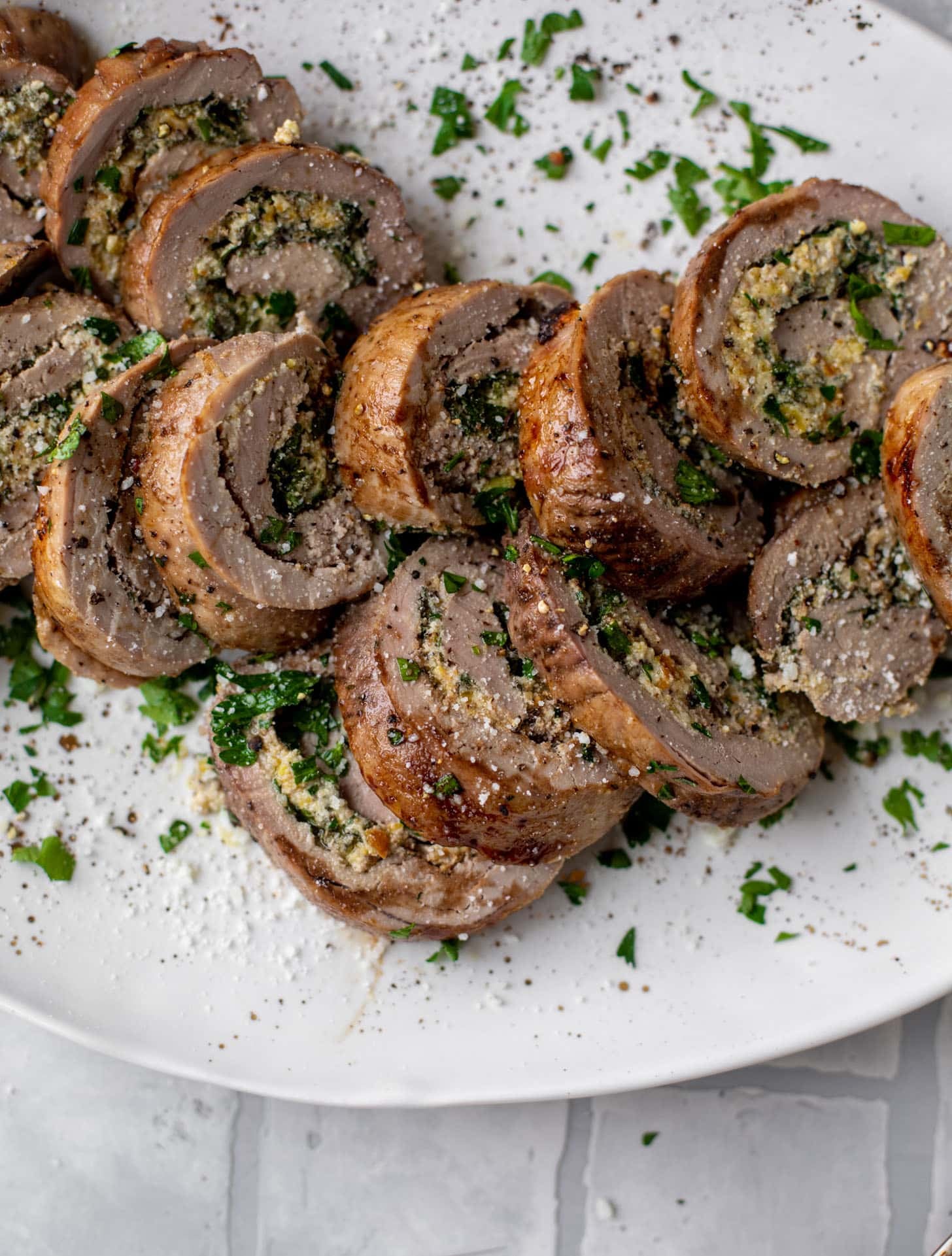 parmesan pistachio stuffed pork tenderloin with brussels sprouts