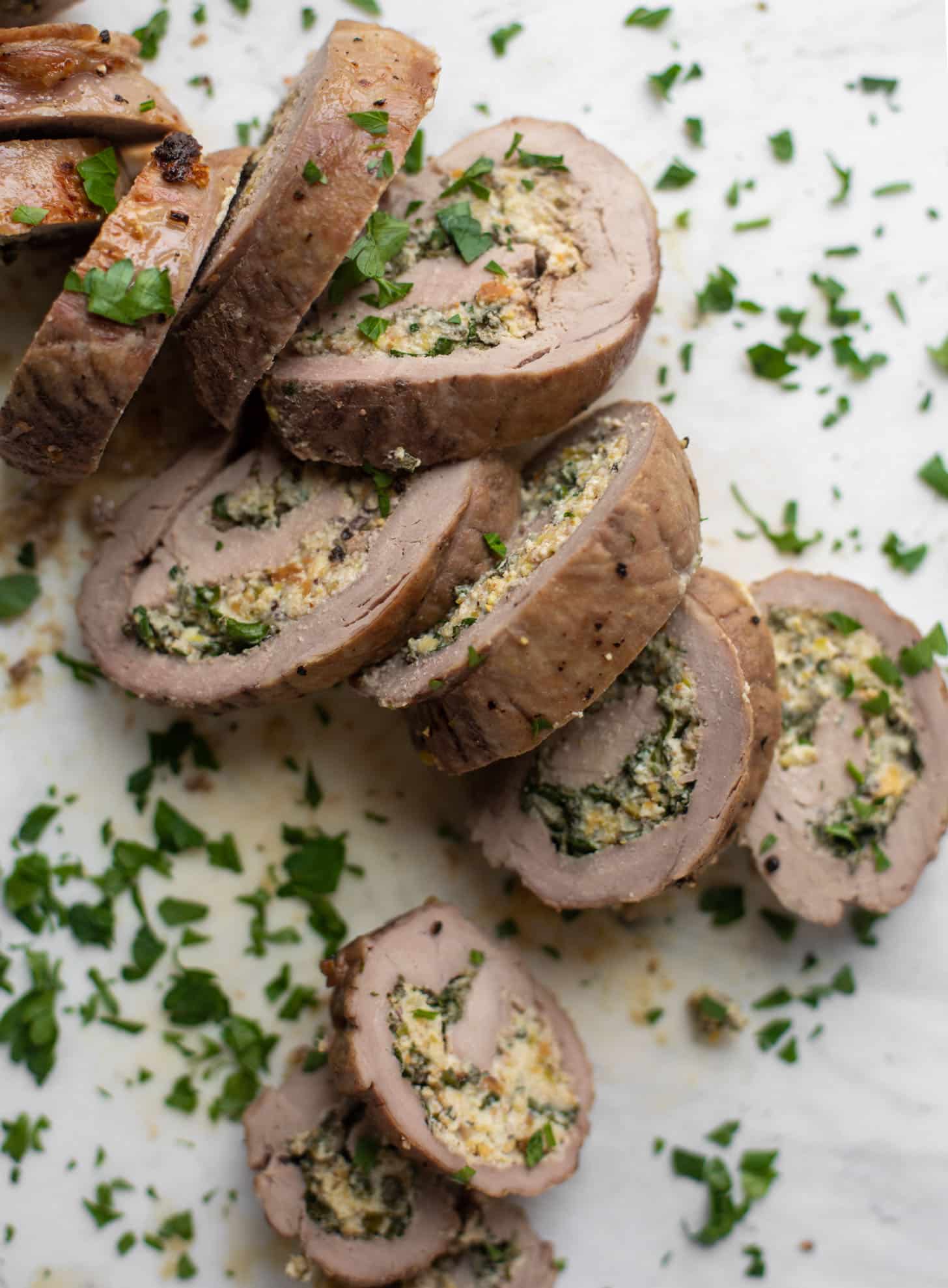 parmesan pistachio stuffed pork tenderloin with brussels sprouts