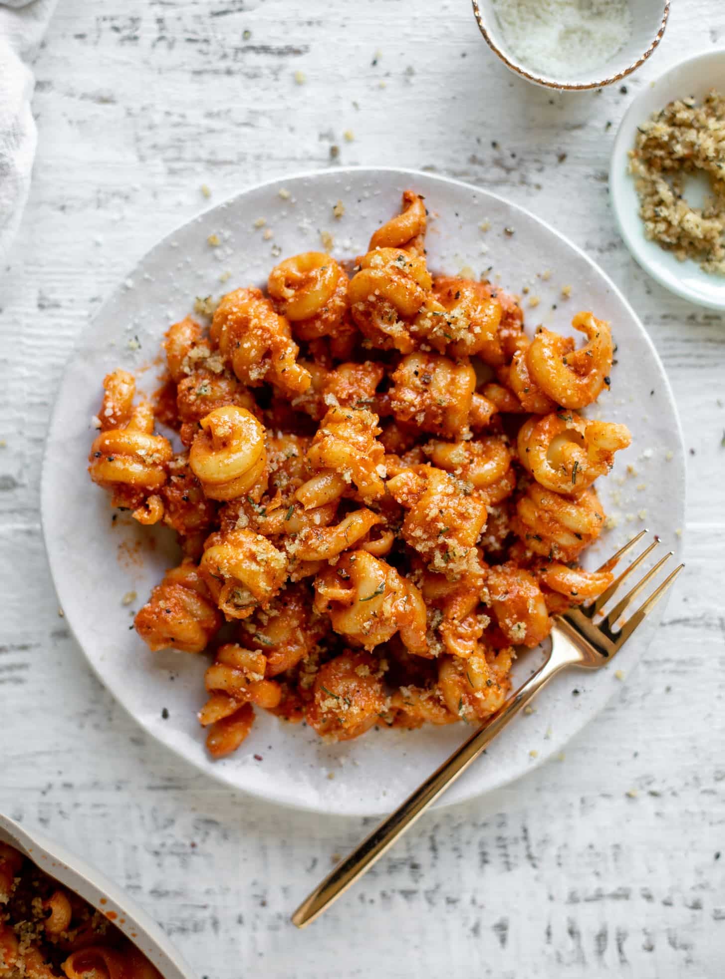 creamy vodka sauce pasta with rosemary toasted breadcrumbs