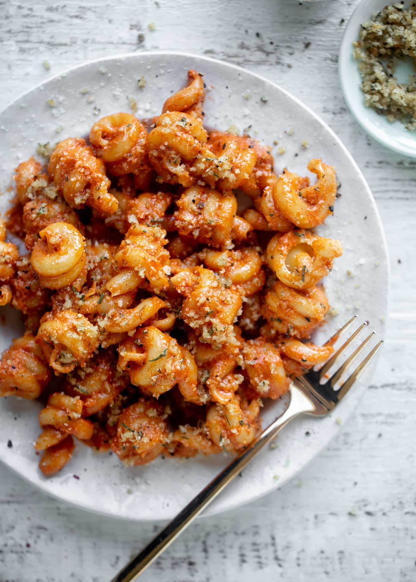 creamy vodka sauce pasta with rosemary toasted breadcrumbs