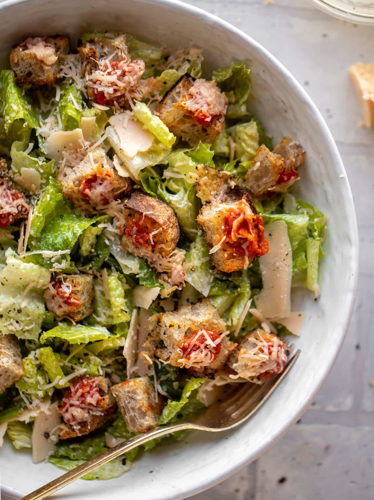 caesar salad with pizza croutons