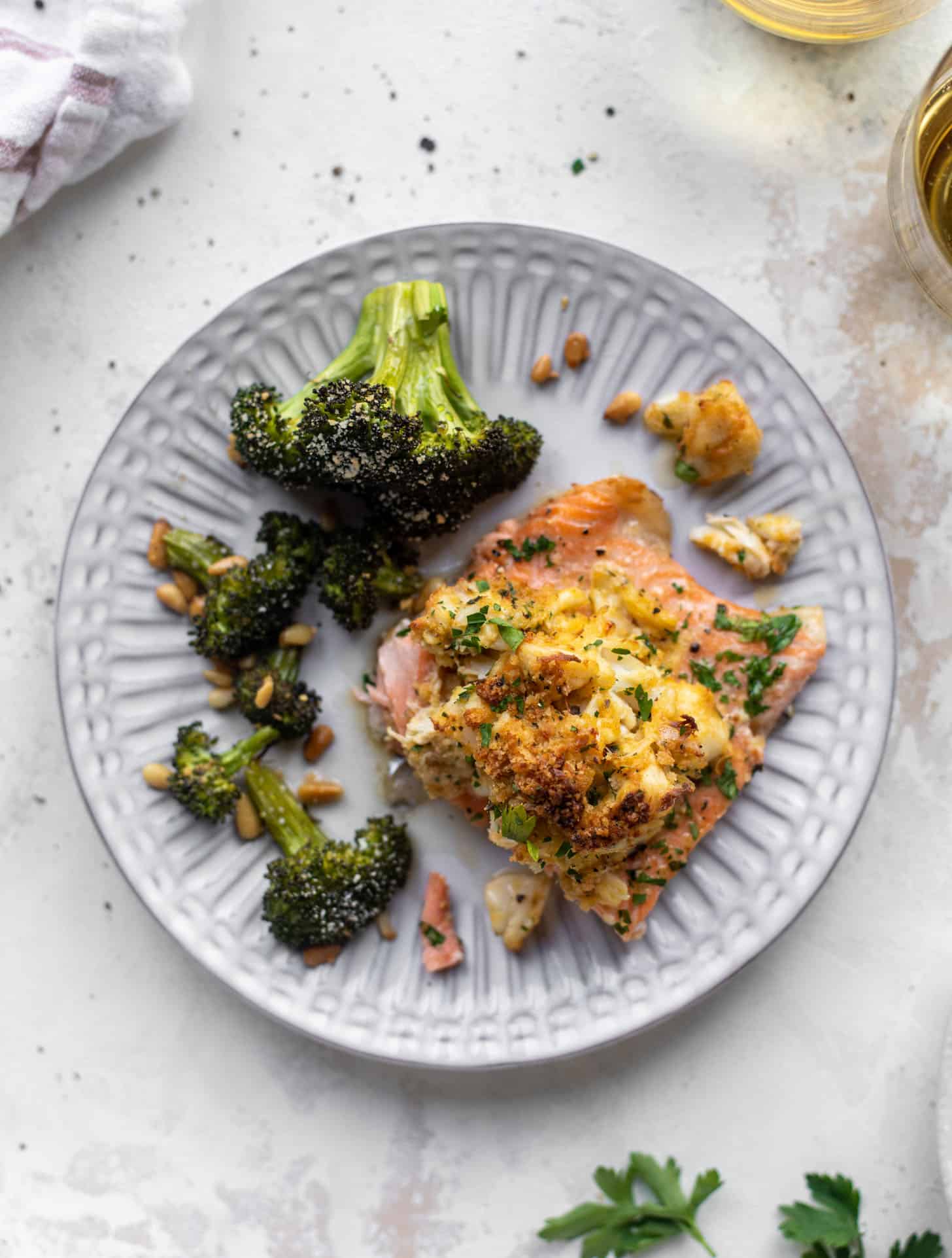 crab topped salmon with parmesan roasted broccoli