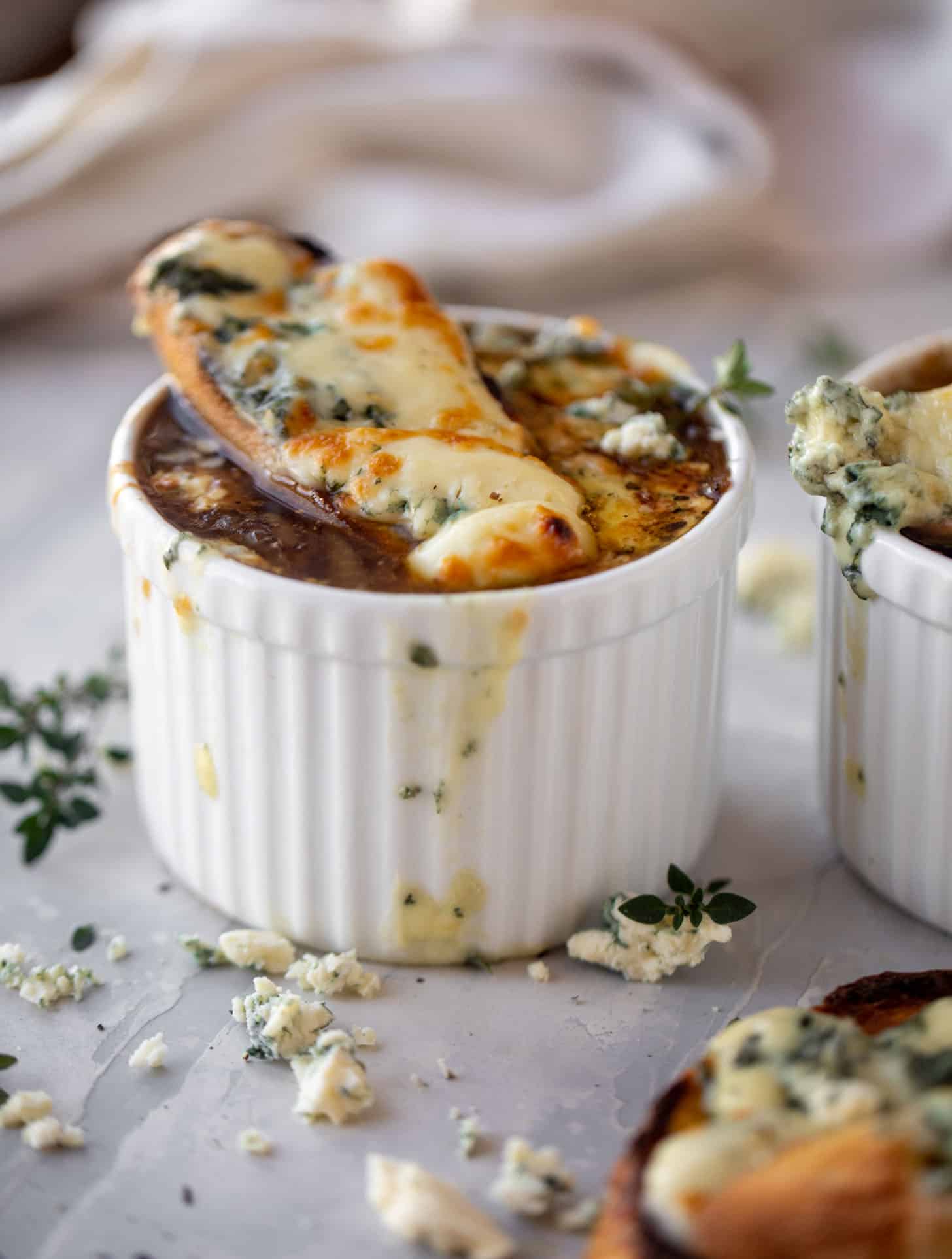 french onion soup with brûléed blue cheese