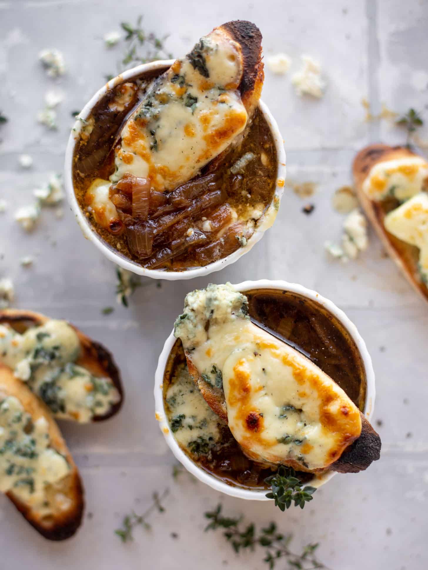 french onion soup with brûléed blue cheese