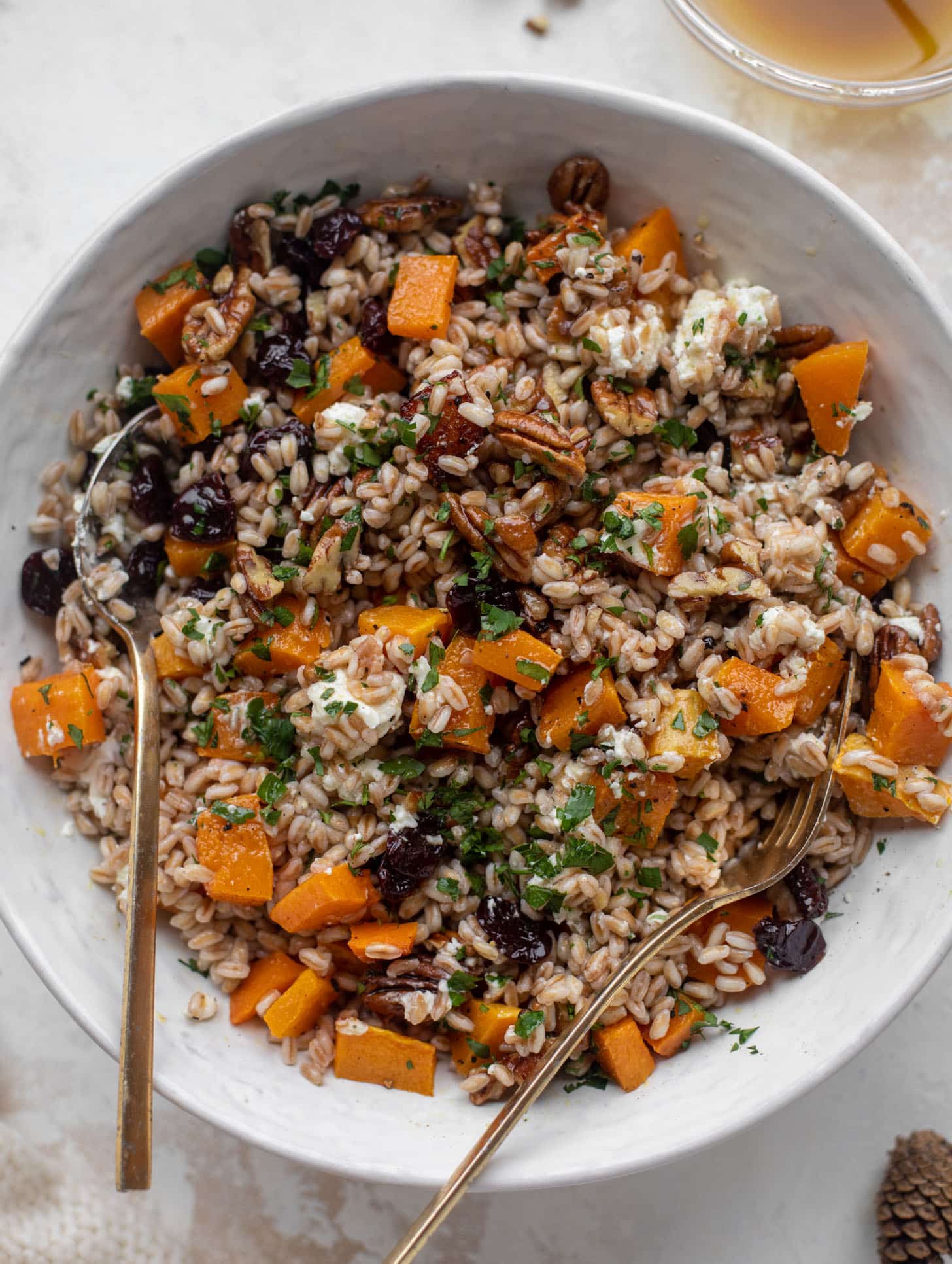 warm winter farro with butternut squash, goat cheese, cranberries and pecans
