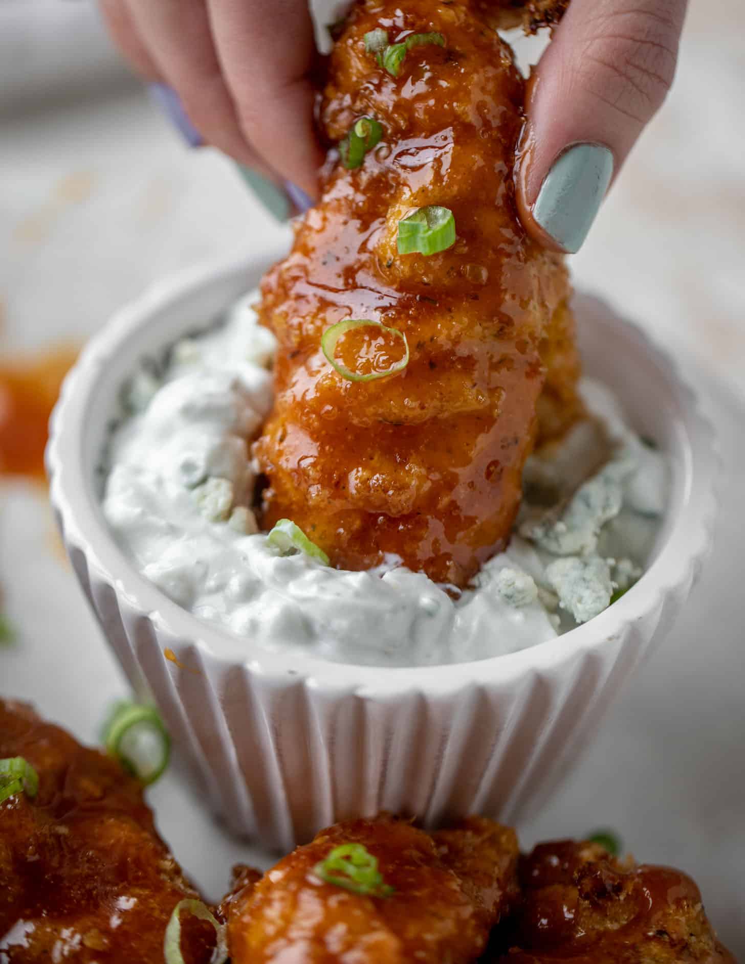 sticky chicken fingers with yogurt blue cheese sauce