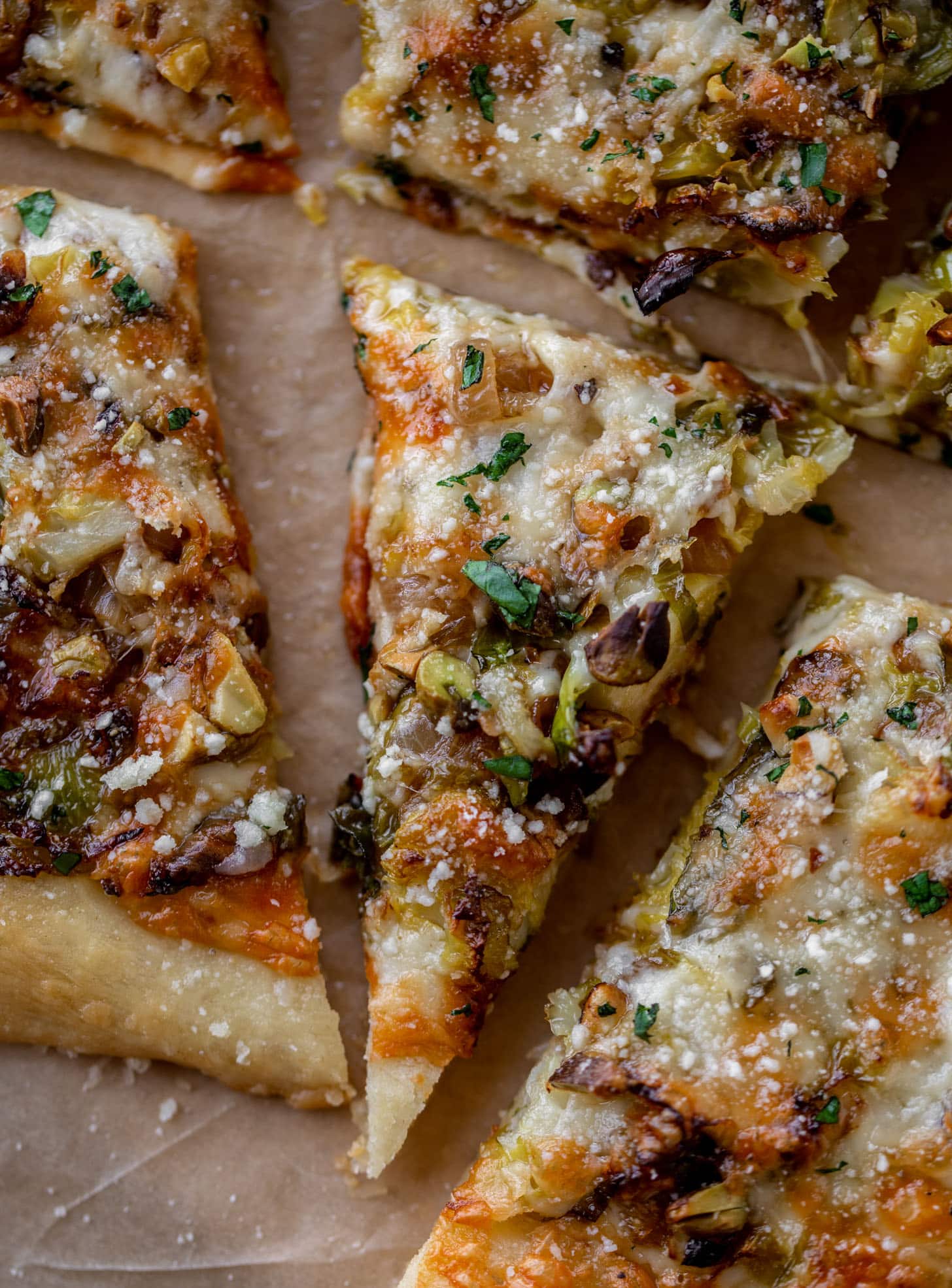 brussels, caramelized onion and pistachio pizza