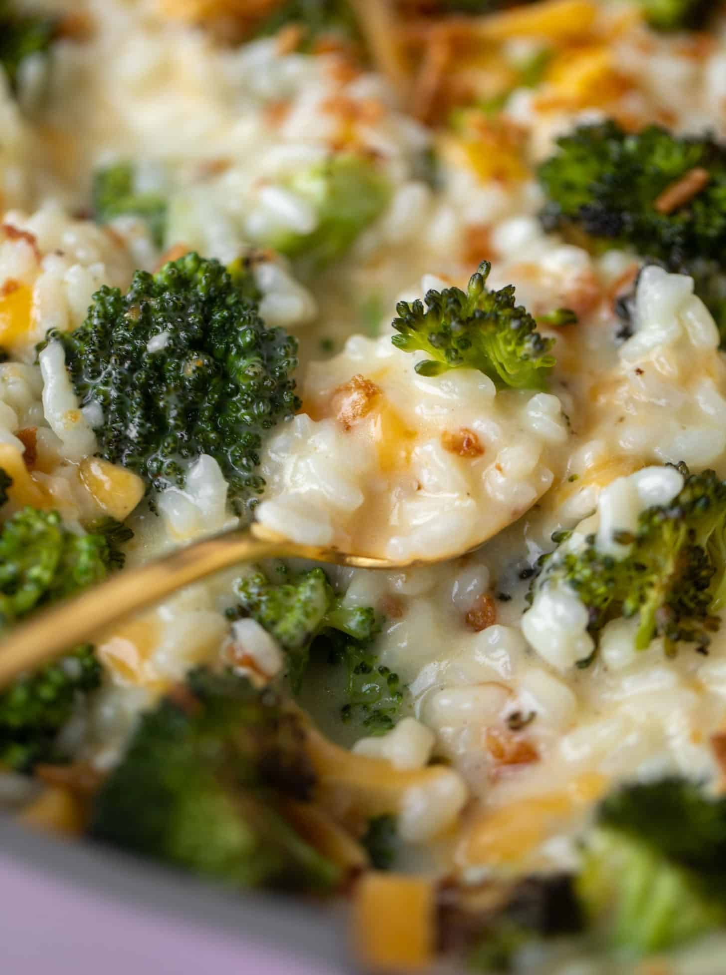 roasted broccoli cheddar risotto with crispy onions