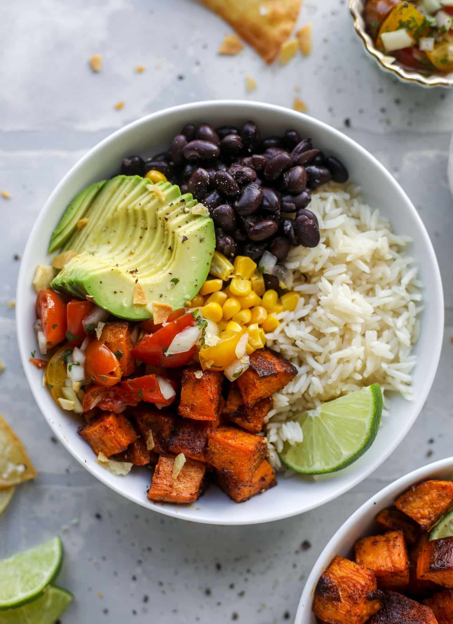sweet potatoes, black beans, avocado, corn, rice