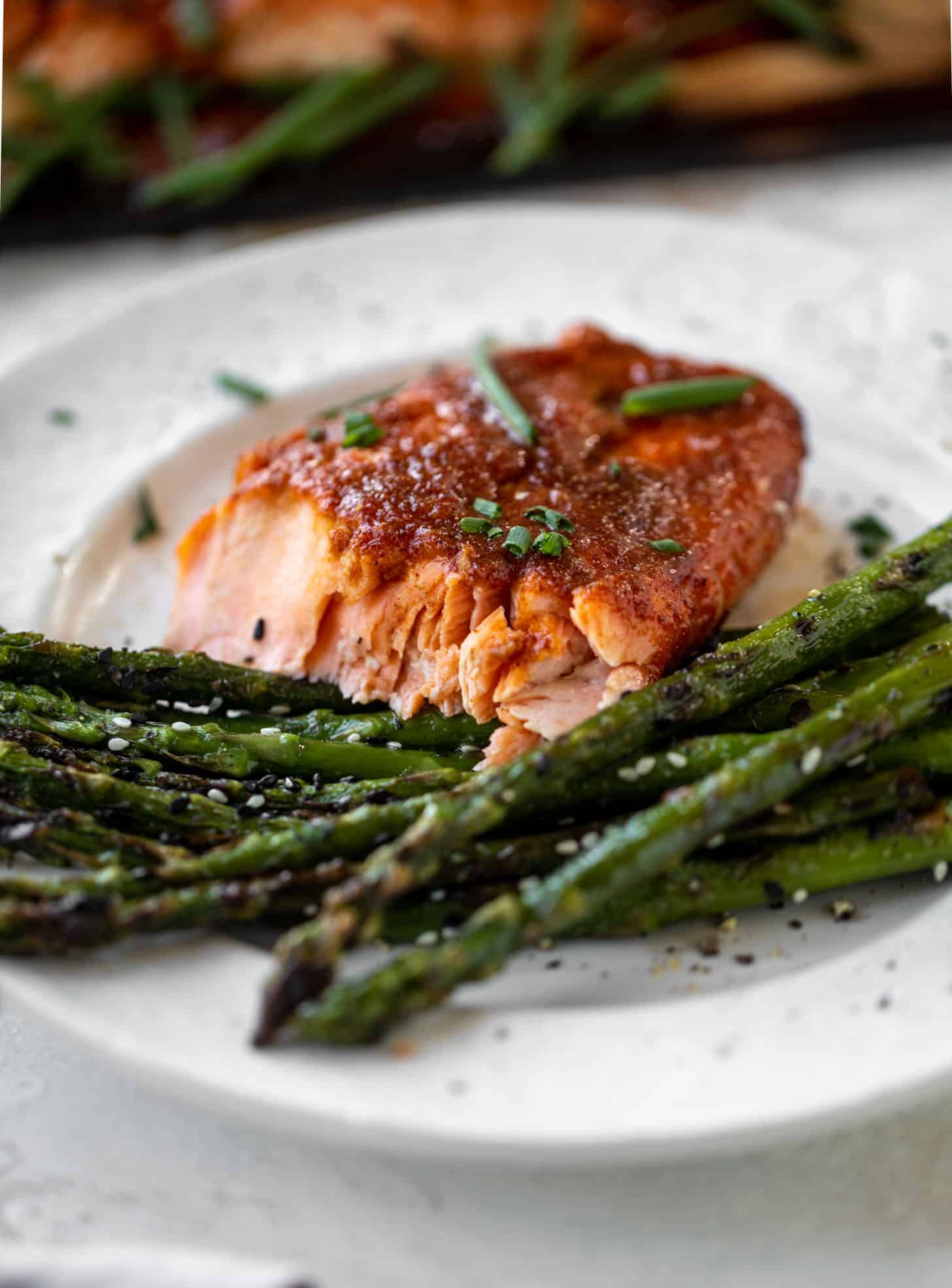 smoky cedar plank salmon with sesame asparagus