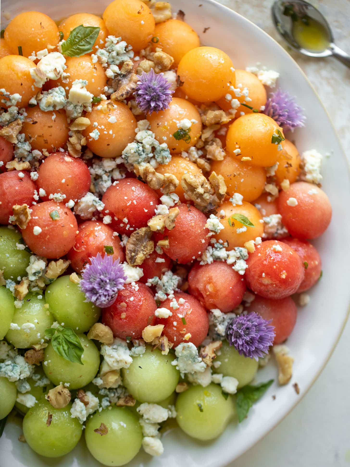 triple melon salad with blue cheese and walnuts