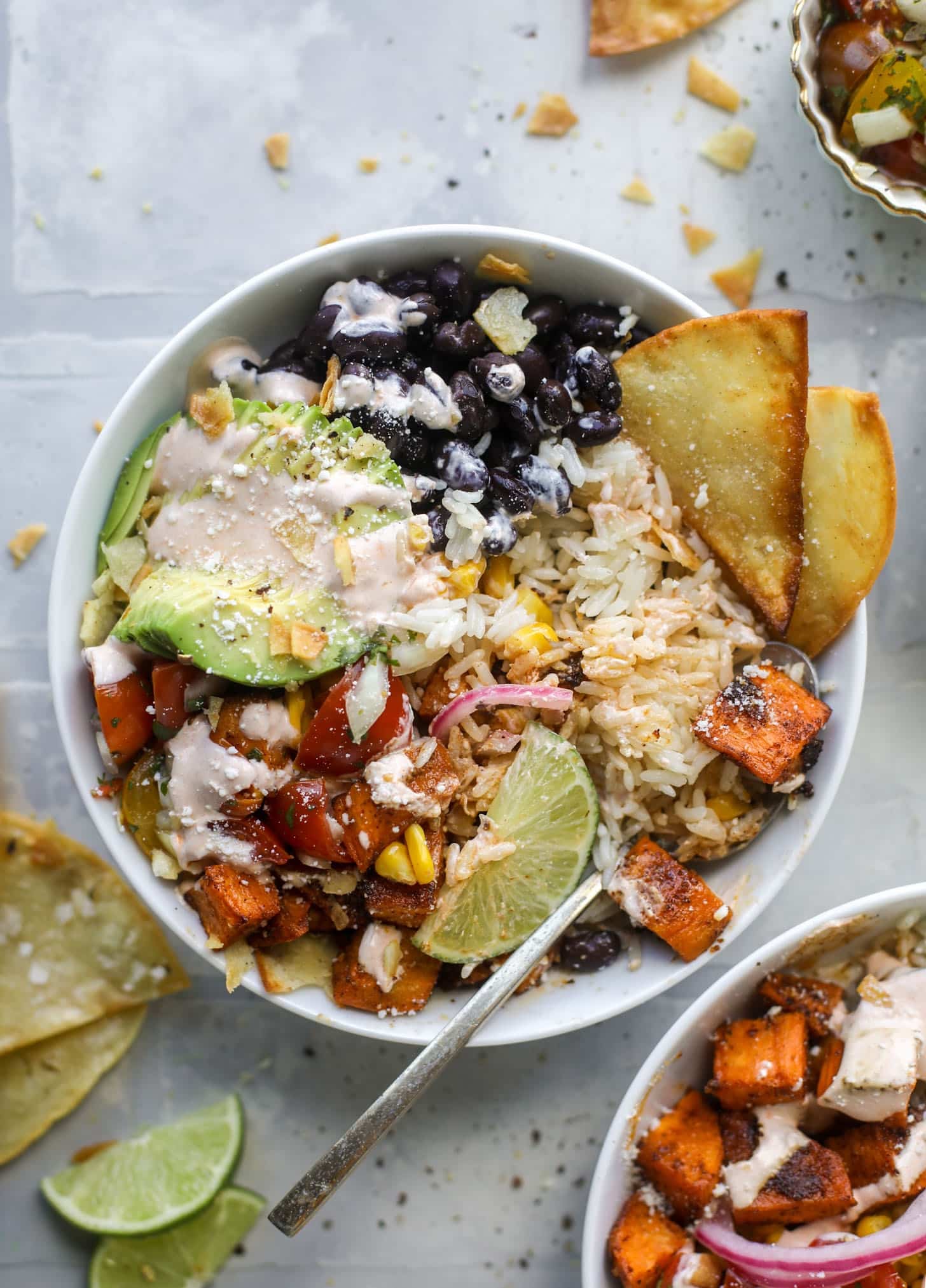 chili lime sweet potato taco bowls with chipotle ranch