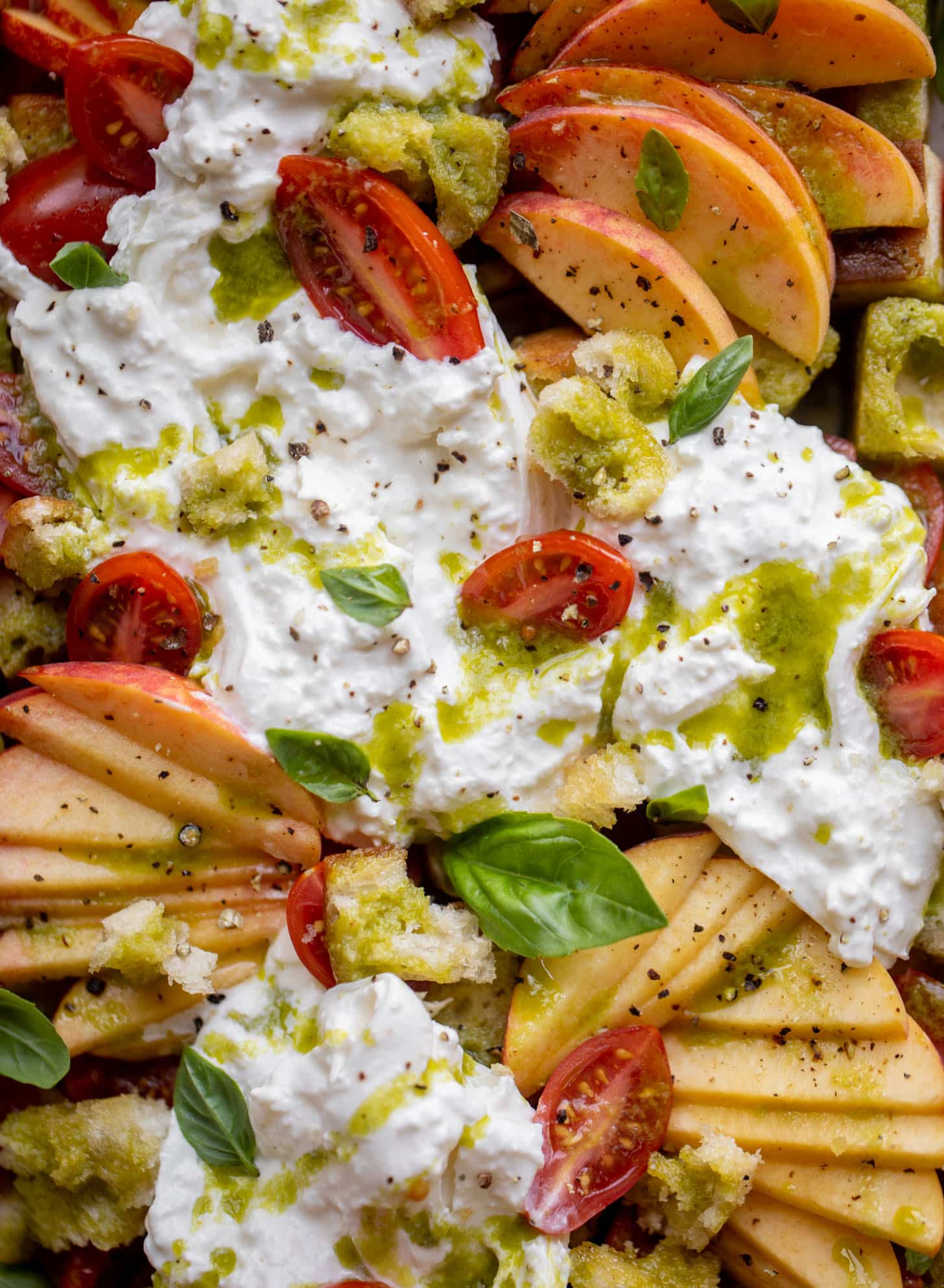 burrata basil and peach panzanella