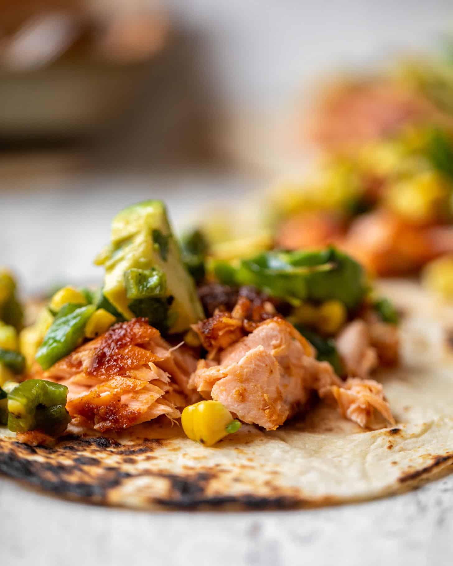 summer salmon tacos with grilled corn poblano salsa