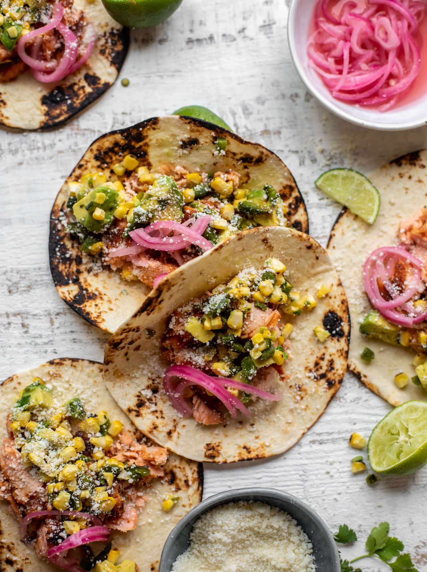 summer salmon tacos with grilled corn poblano salsa