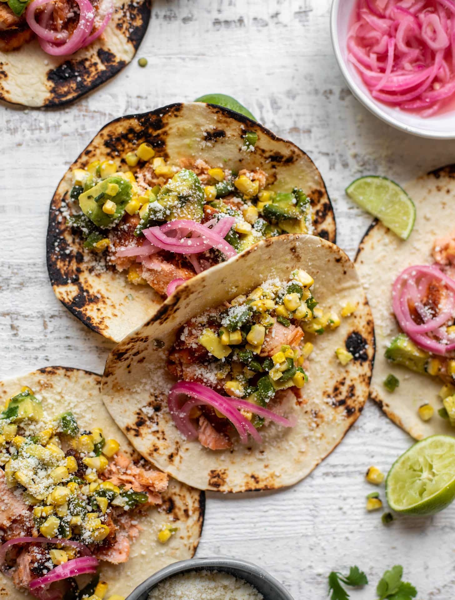 summer salmon tacos with grilled corn poblano salsa