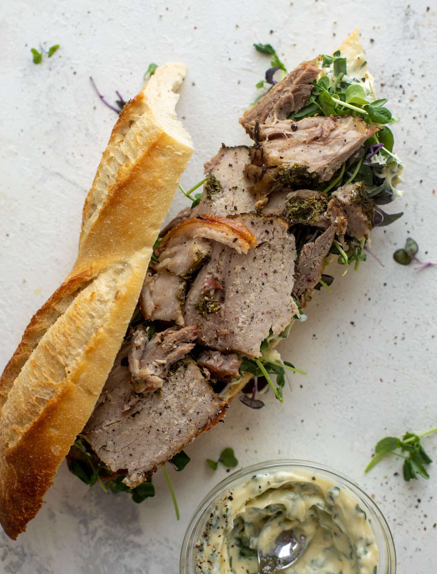 porchetta sandwiches with garlic herb mayo