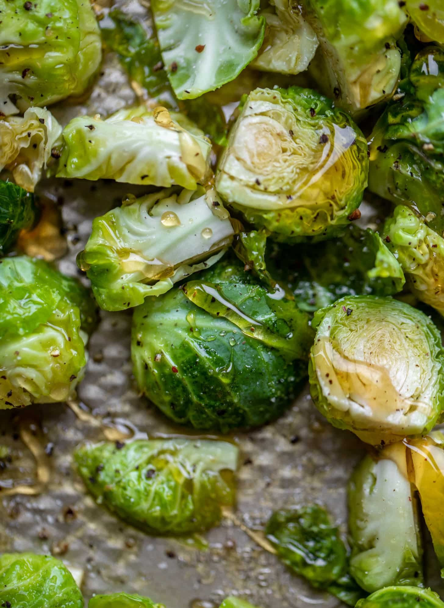 brussels sprouts on a sheet pan with honey