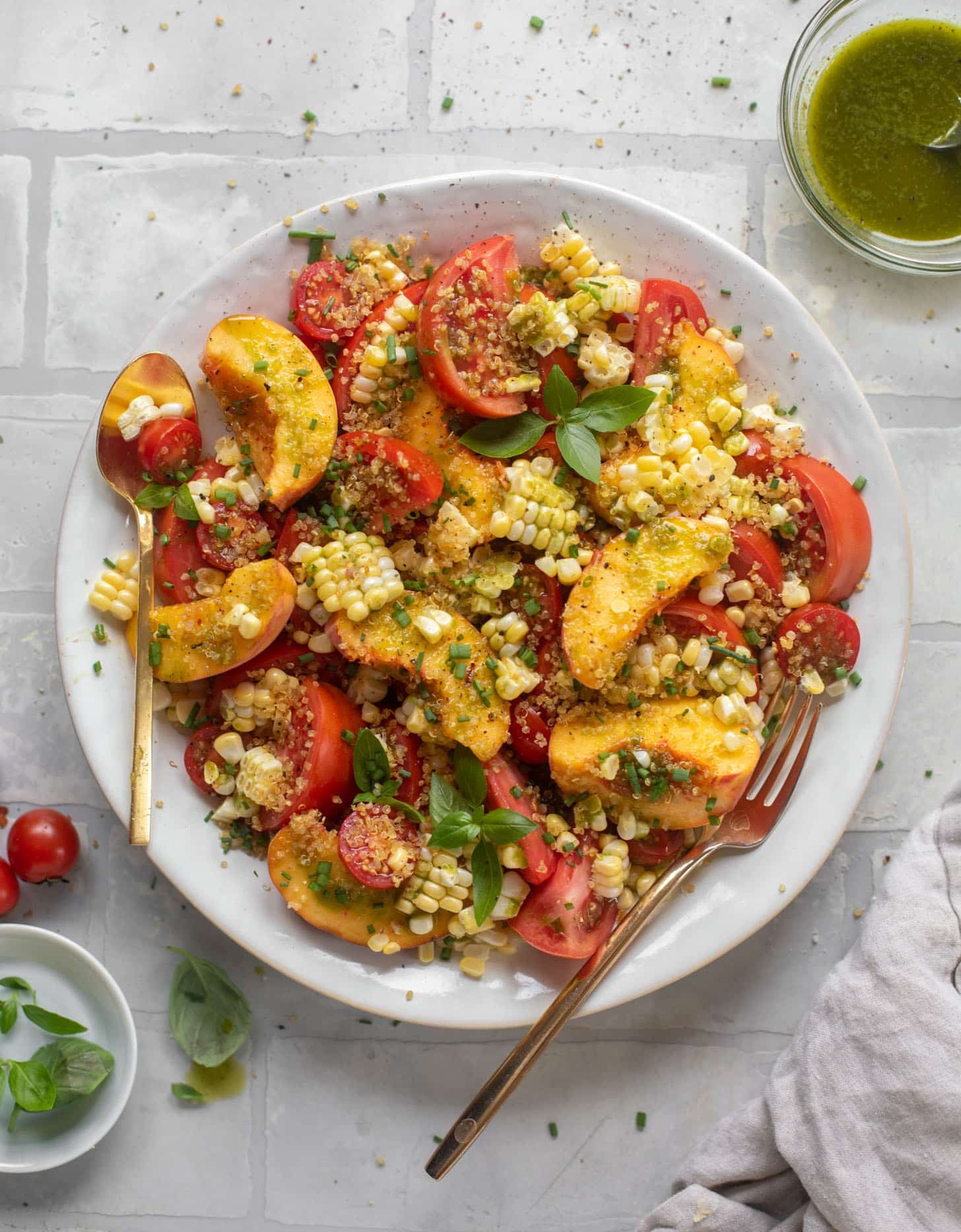 sweet corn, peach and tomato salad