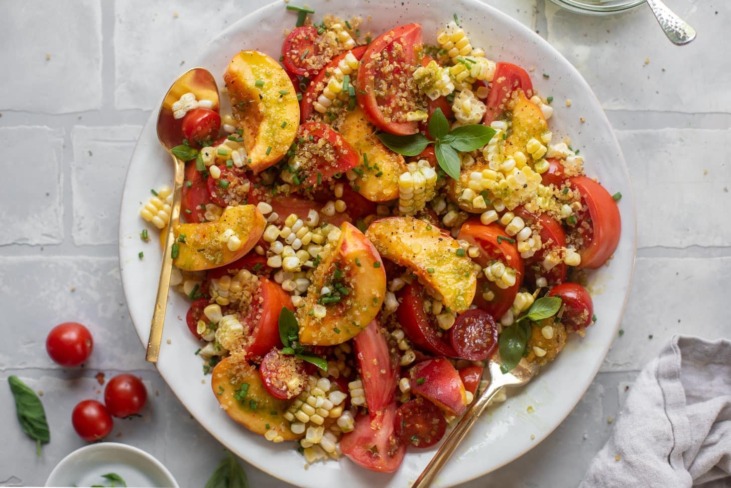 sweet corn, peach and tomato salad