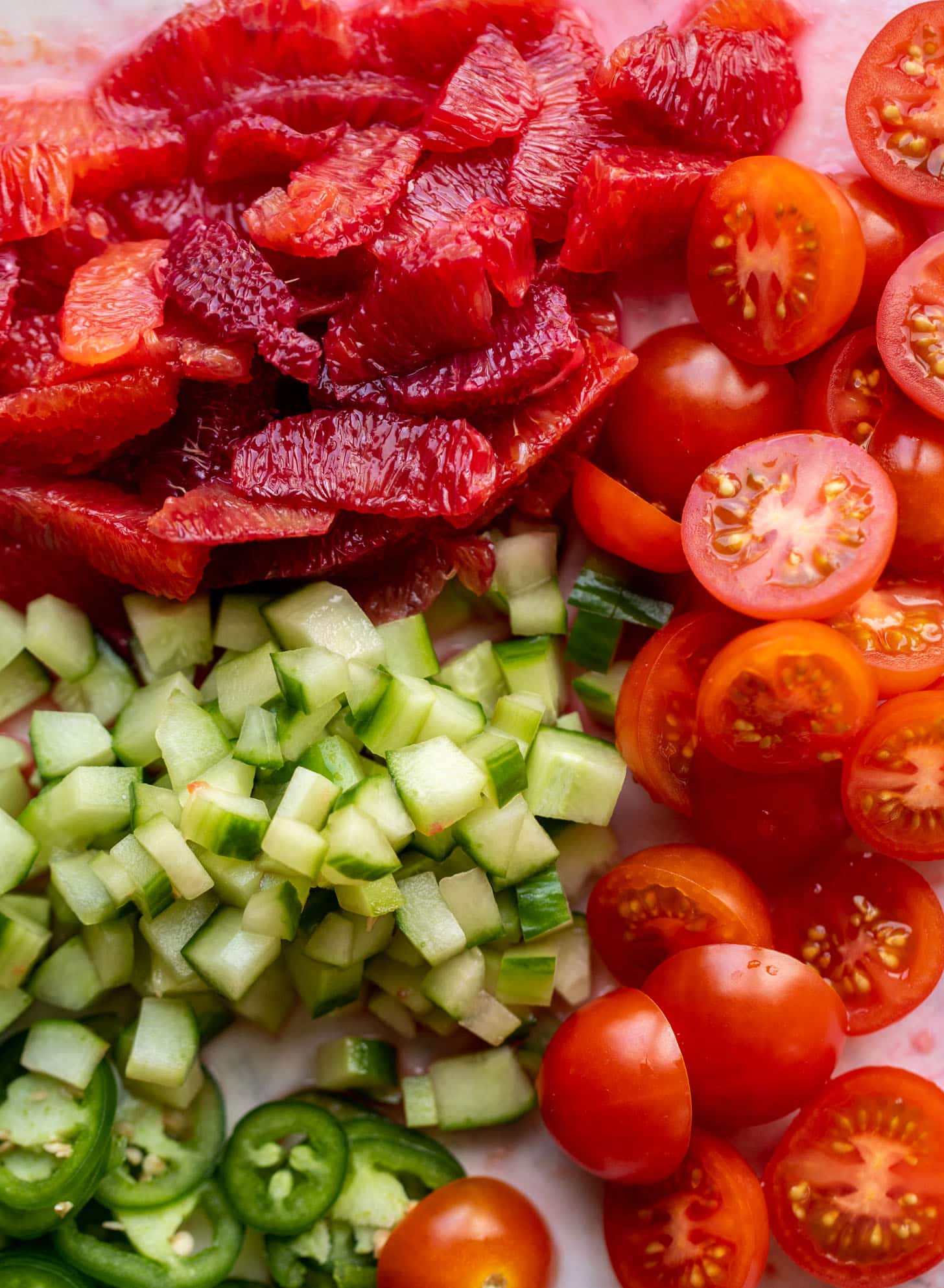 blood oranges, cucumber, jalapenos, tomatoes
