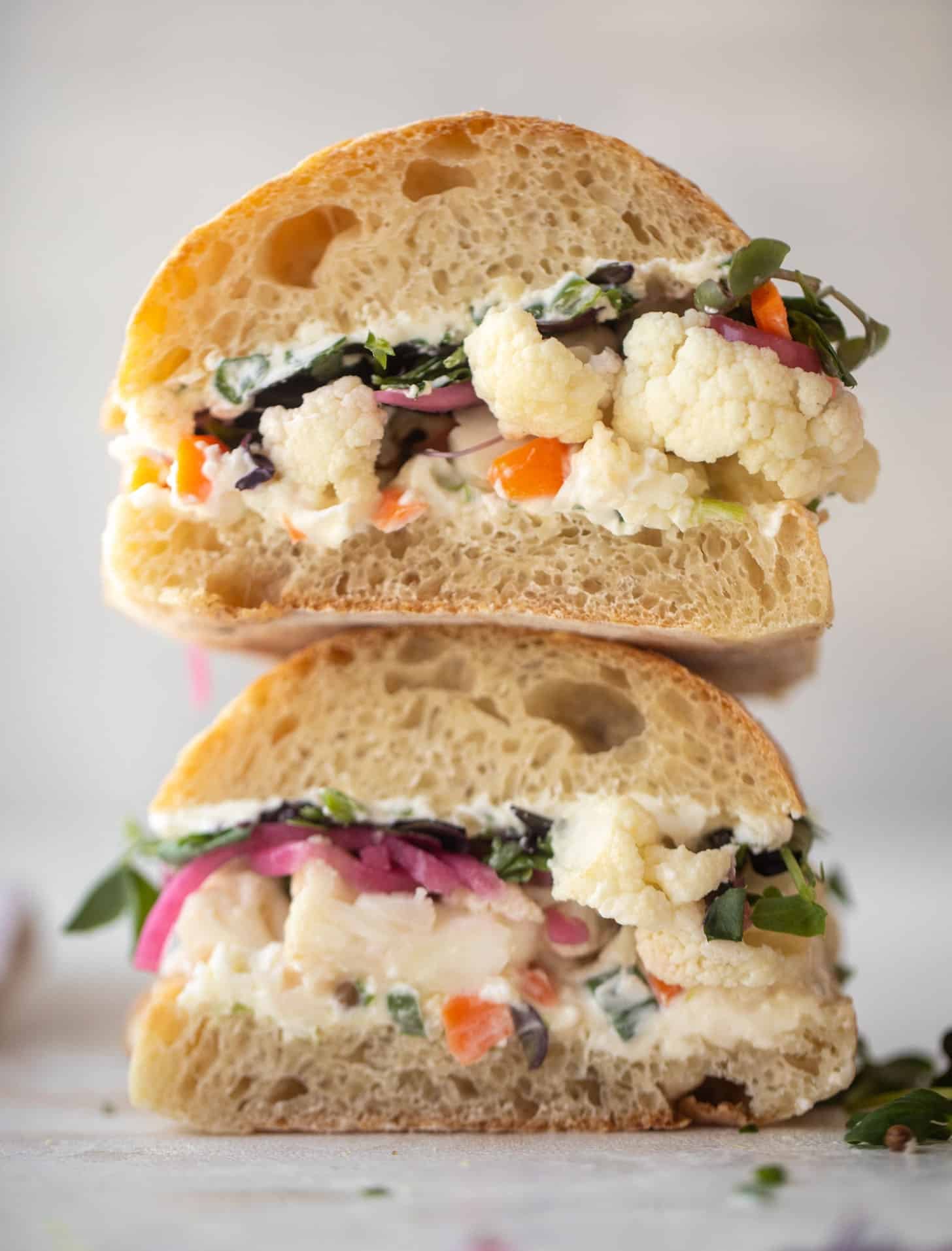 pickled veggie sandwich with scallion cream cheese