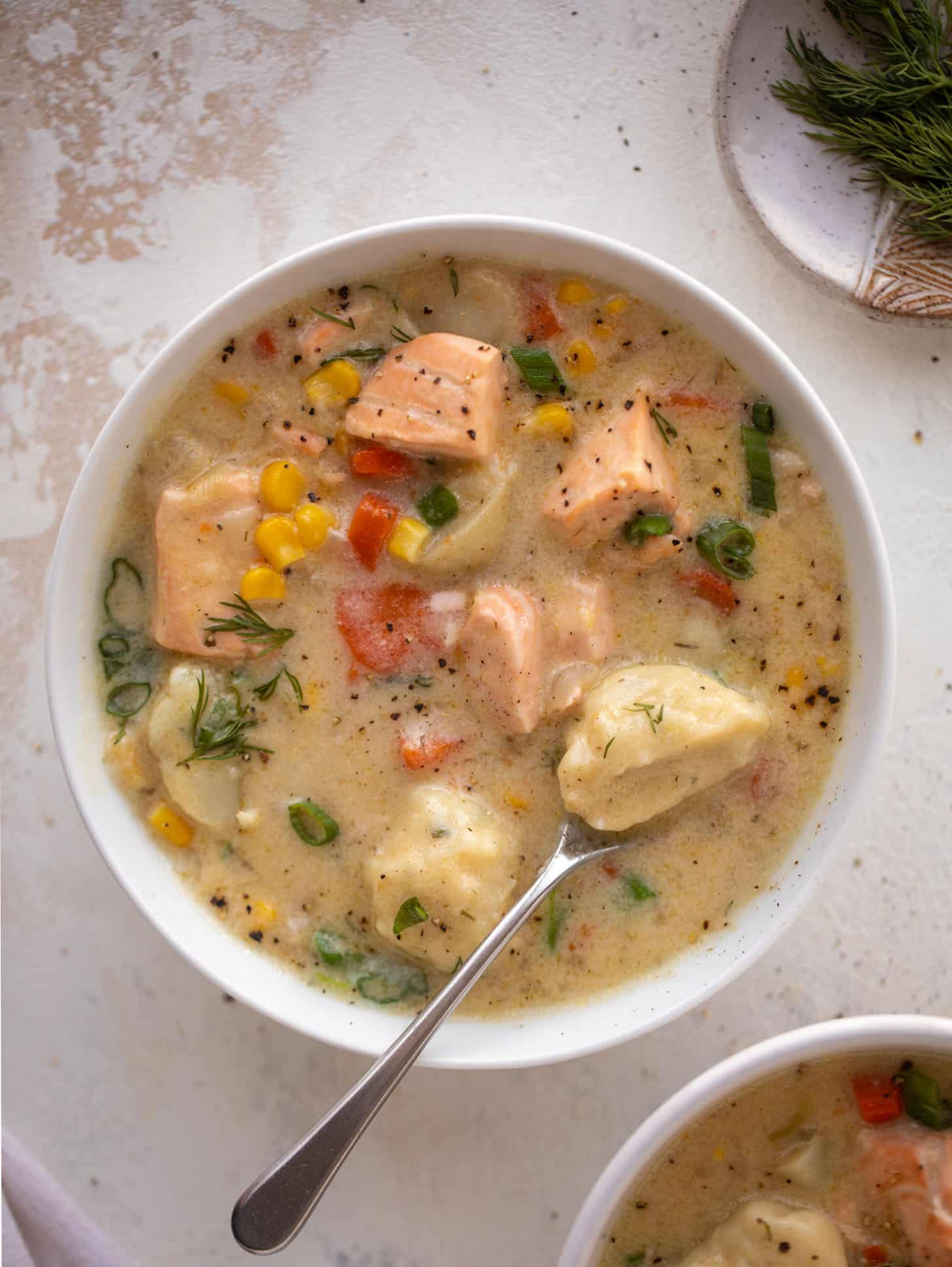 salmon chowder with dill dumplings