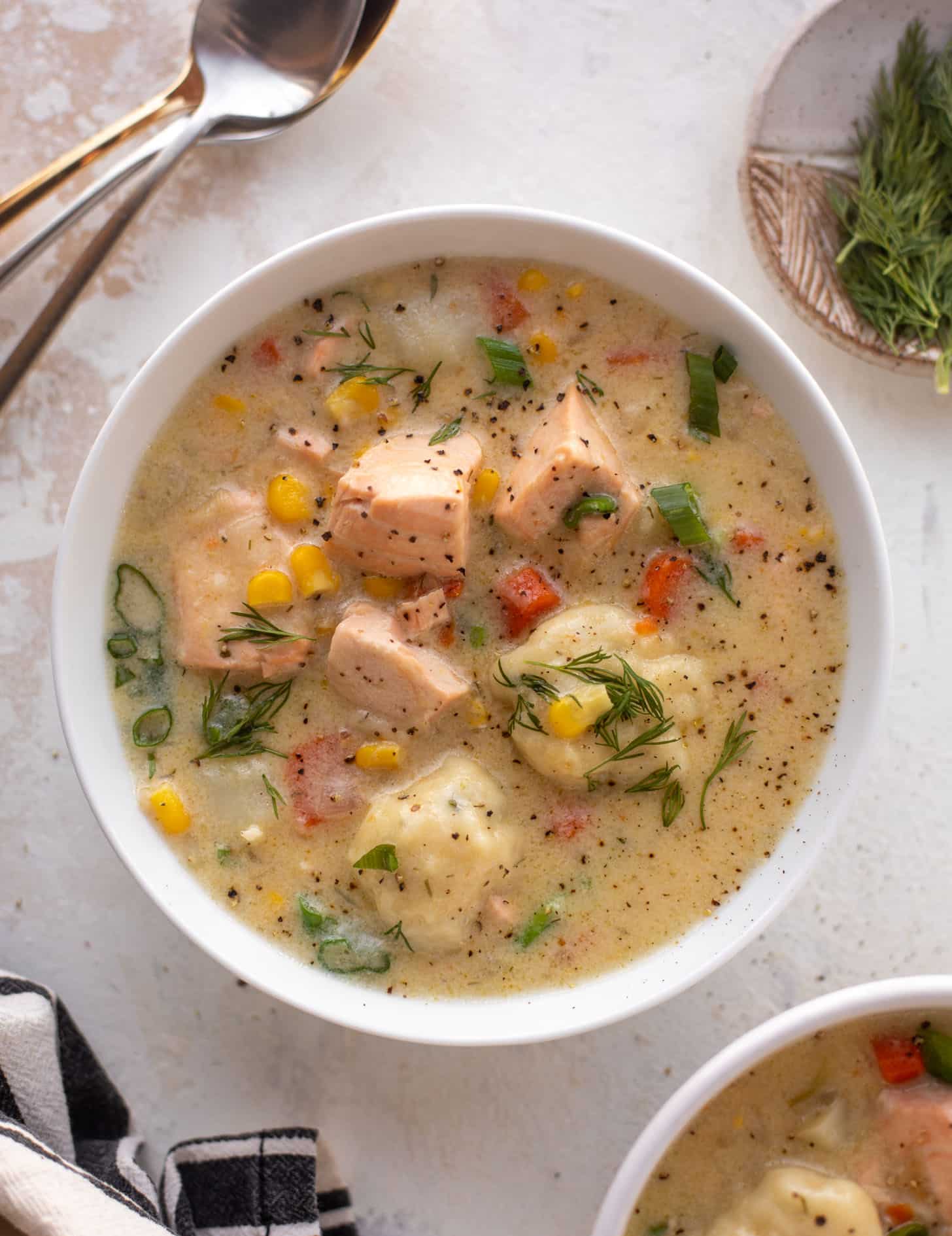 salmon chowder with dill dumplings