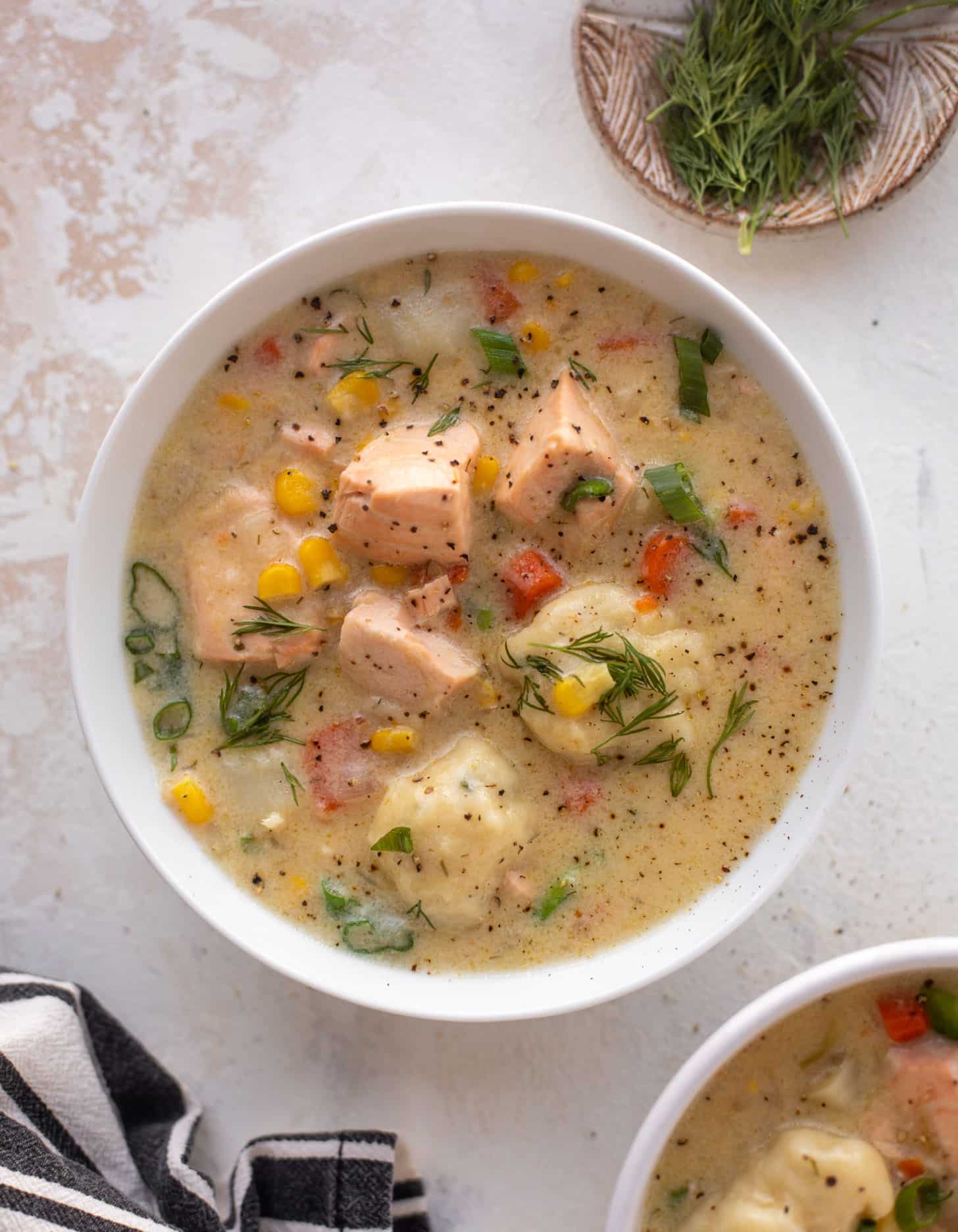 salmon chowder with dill dumplings