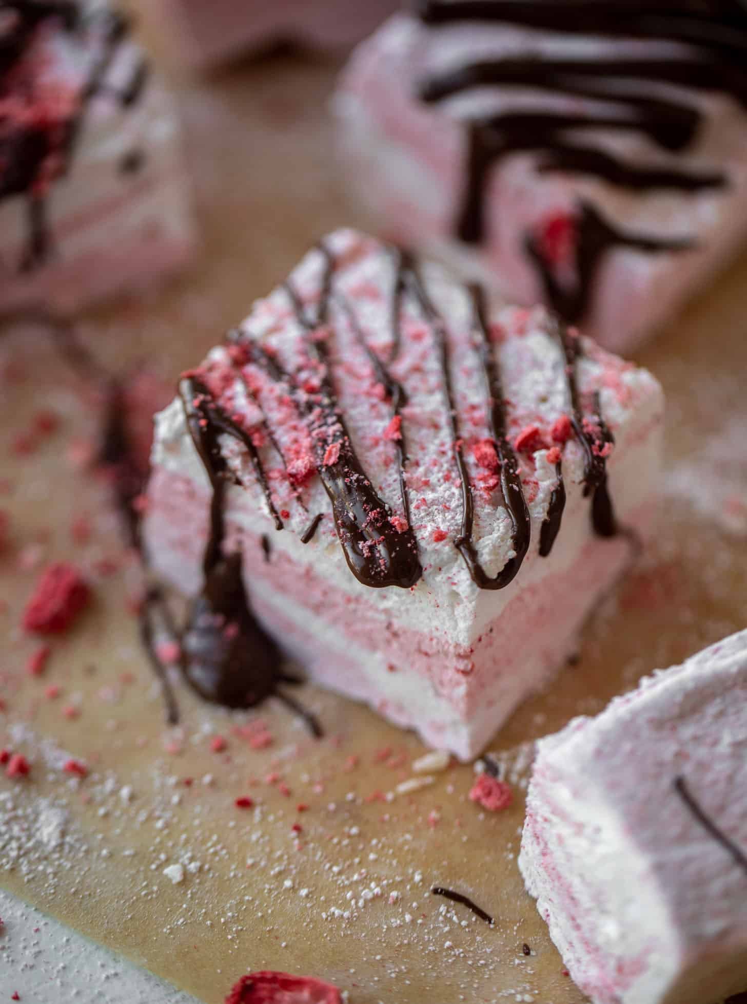 chocolate dipped strawberry swirl marshmallows