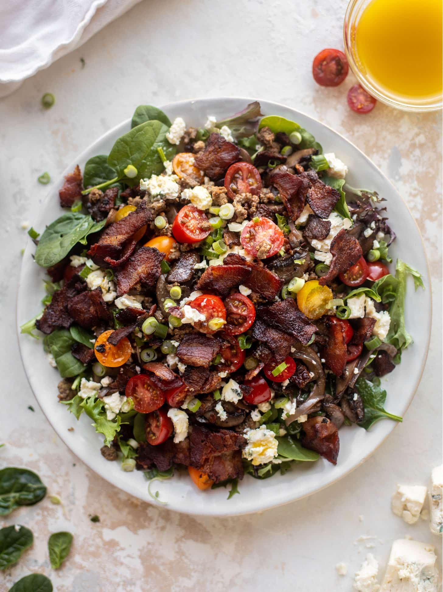 mushroom bacon burger salads with warm dijon vinaigrette