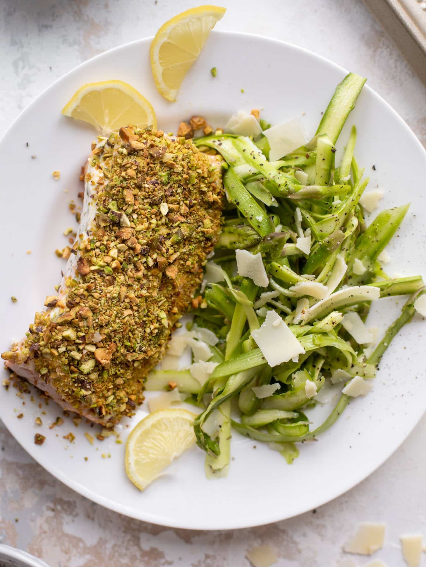 pistachio crusted salmon with shaved asparagus salad