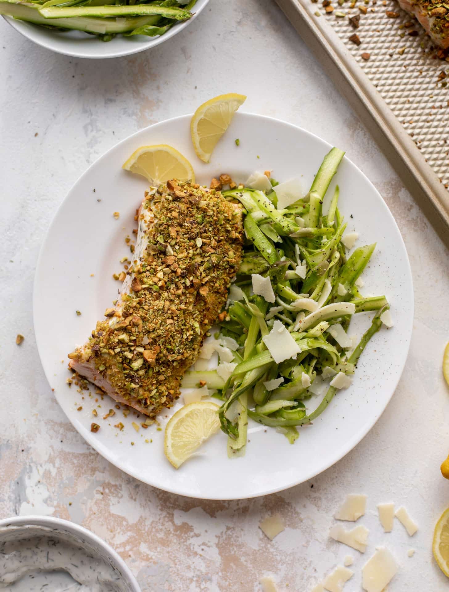 pistachio crusted salmon with shaved asparagus salad