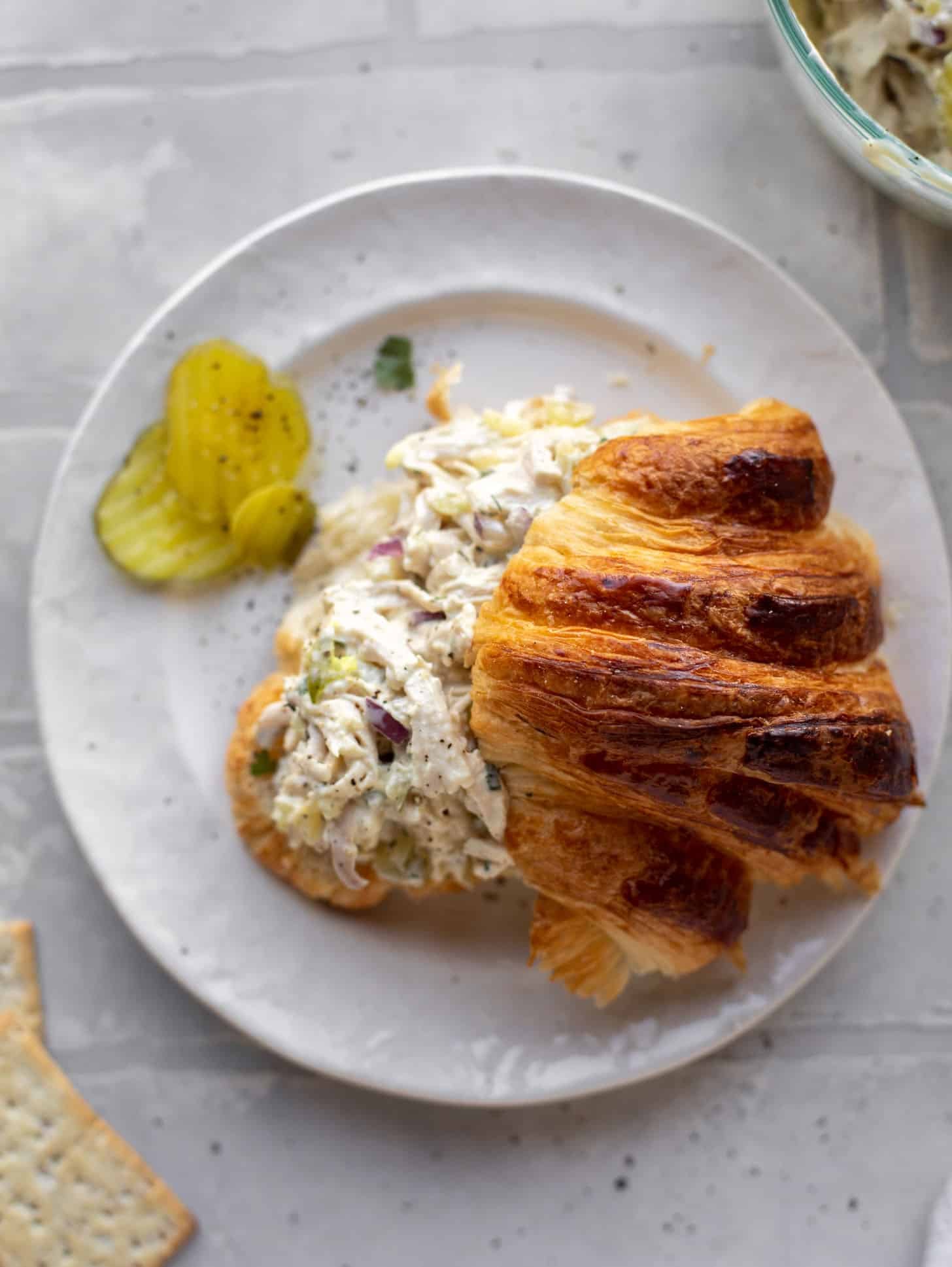 dill pickle chicken salad on a croissant