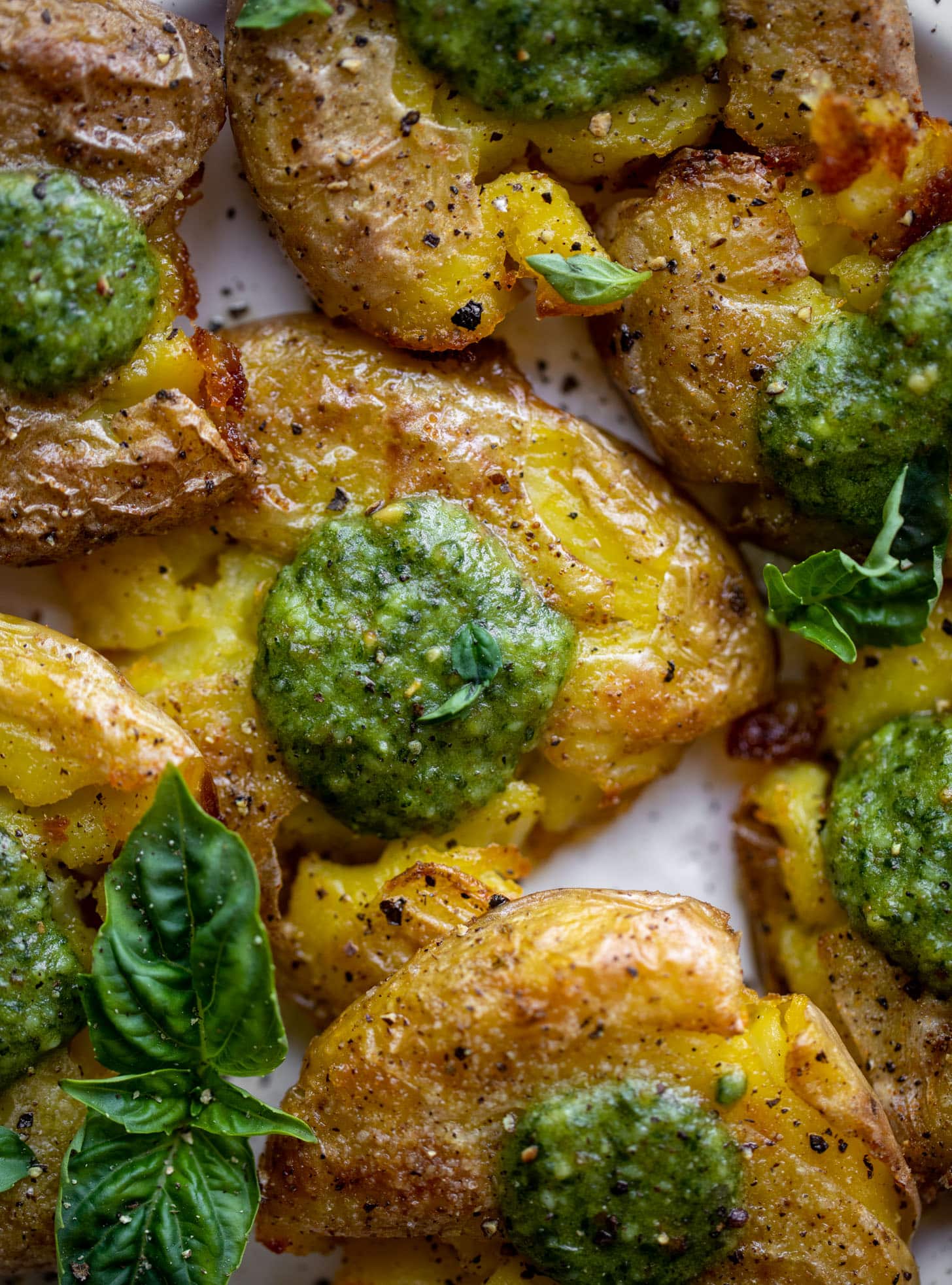 crispy pesto smashed potatoes